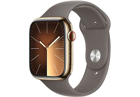 APPLE Watch Series 9 GPS + Cellular, Cassa 45 mm in acciaio inossidabile color oro con Cinturino Sport grigio creta - M/L