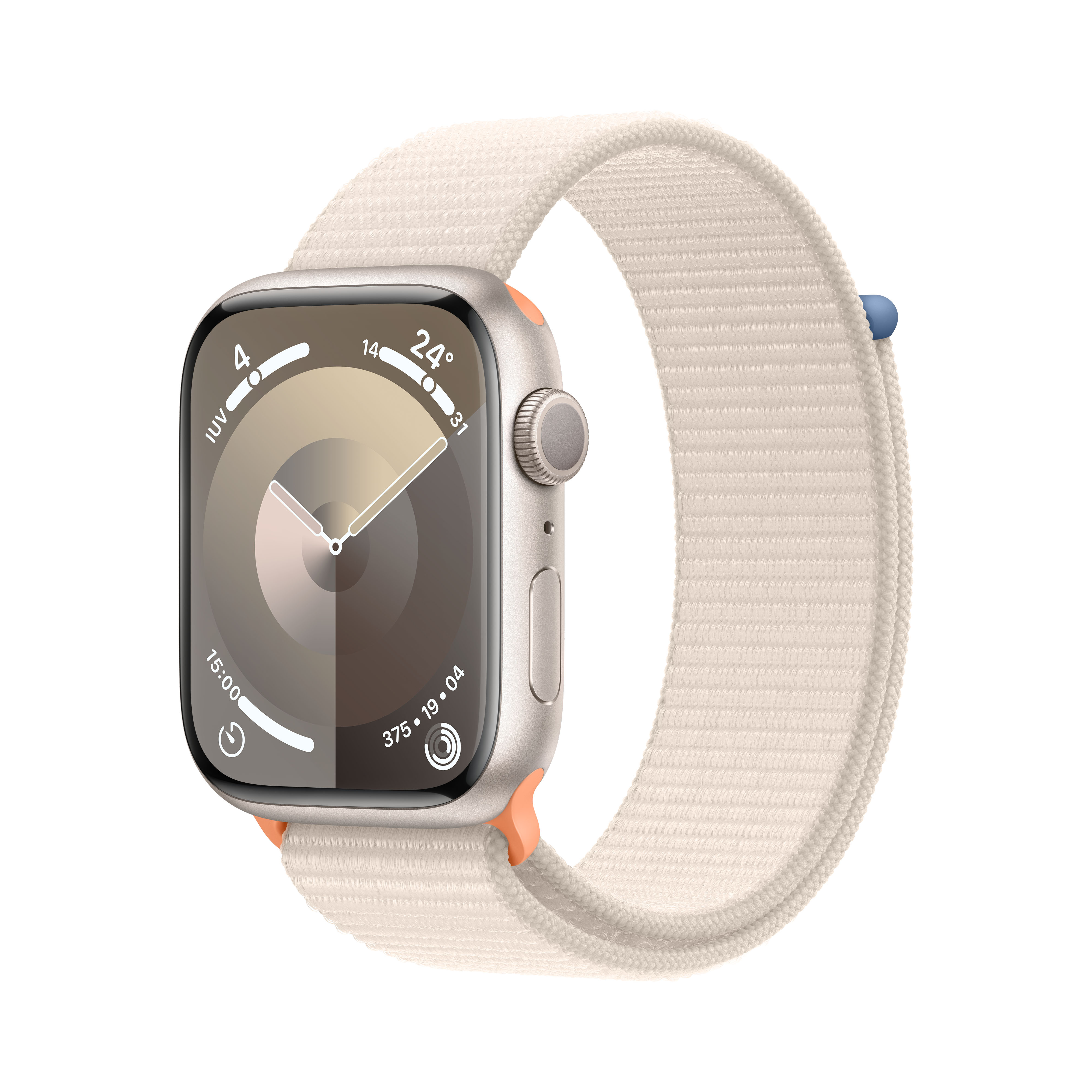 Primer plano de un Apple Watch con correa beige. La esfera del reloj muestra la hora y la fecha.