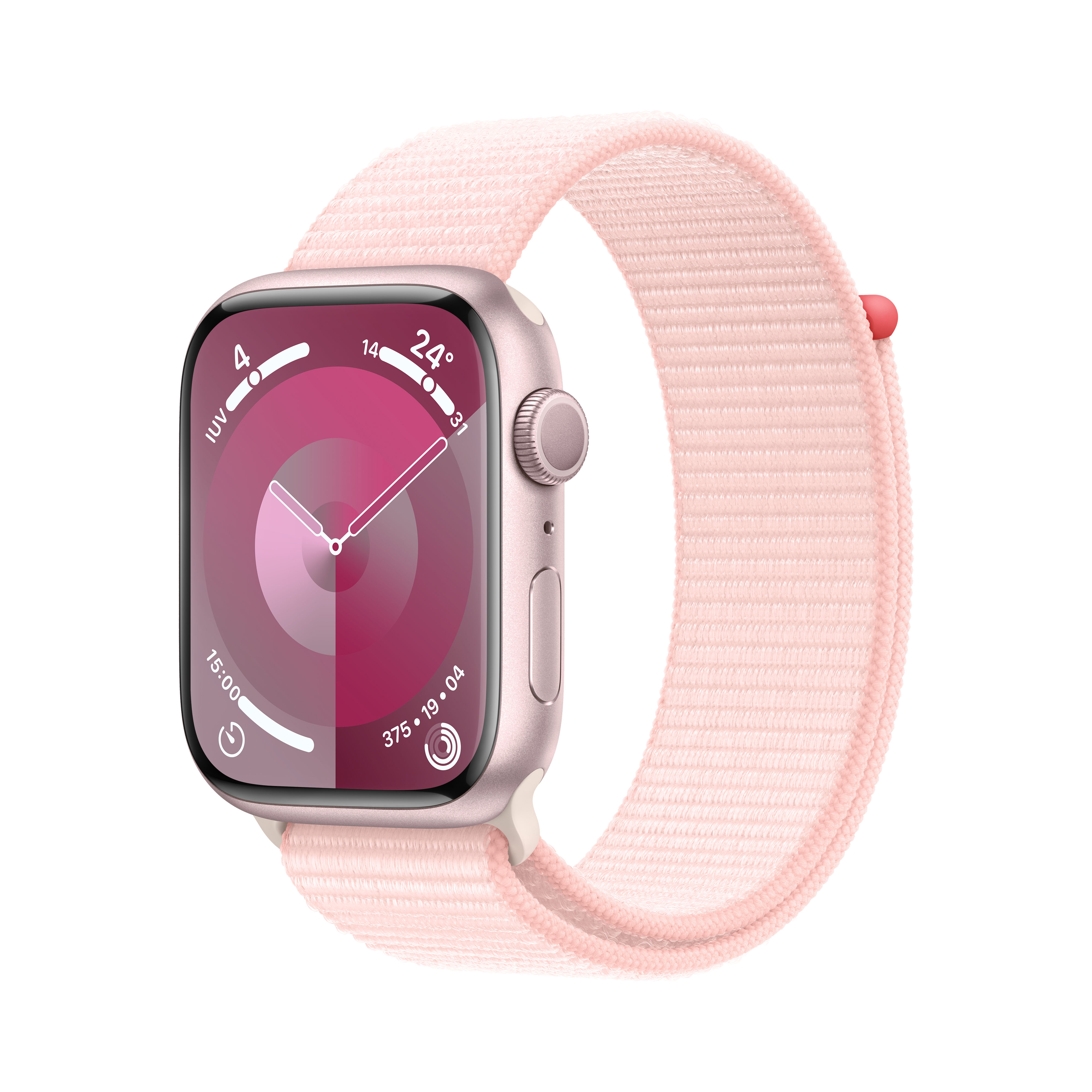 Apple Watch rosa con correa rosa claro, mostrando la hora y detalles de fitness en la pantalla.