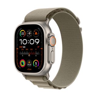 Apple Watch Ultra 2 (2023), GPS + Cellular, 49 mm, Caja de titanio, Gesto doble toque, Correa Alpine Loop en Talla L de color Verde oliva