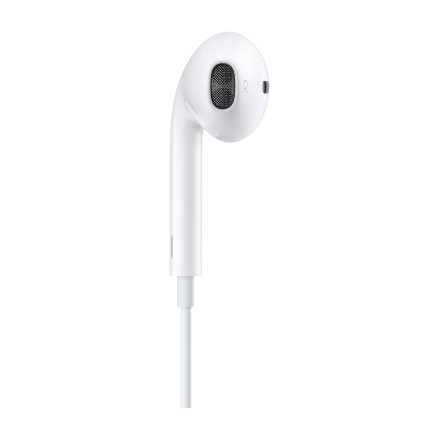 Auricolare Apple bianco, isolato su sfondo bianco, primo piano.