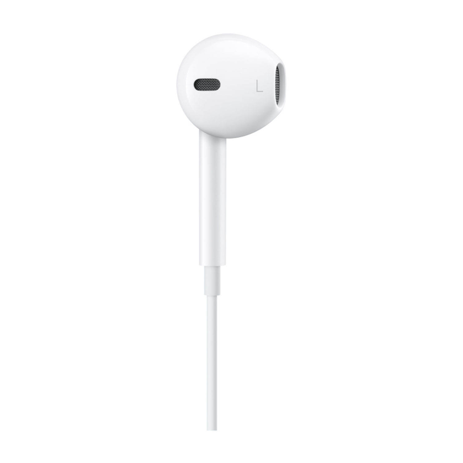 Un auricolare bianco, isolato su sfondo bianco, che mostra il marchio 'L'.