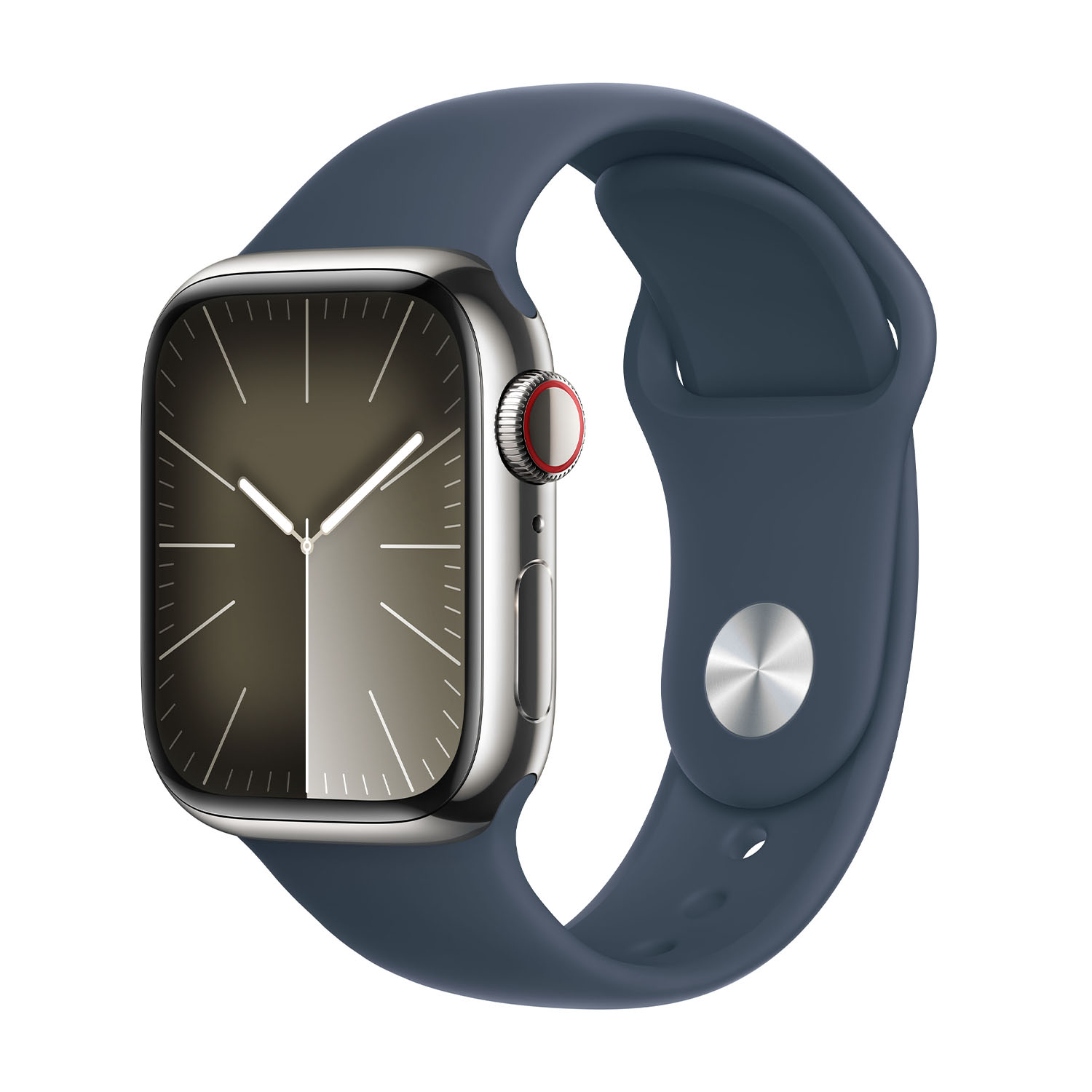 Apple Watch Series 9 GPS + Cellular, Cassa 45 mm in acciaio inossidabile color argento con Cinturino Sport blu tempesta - S/M