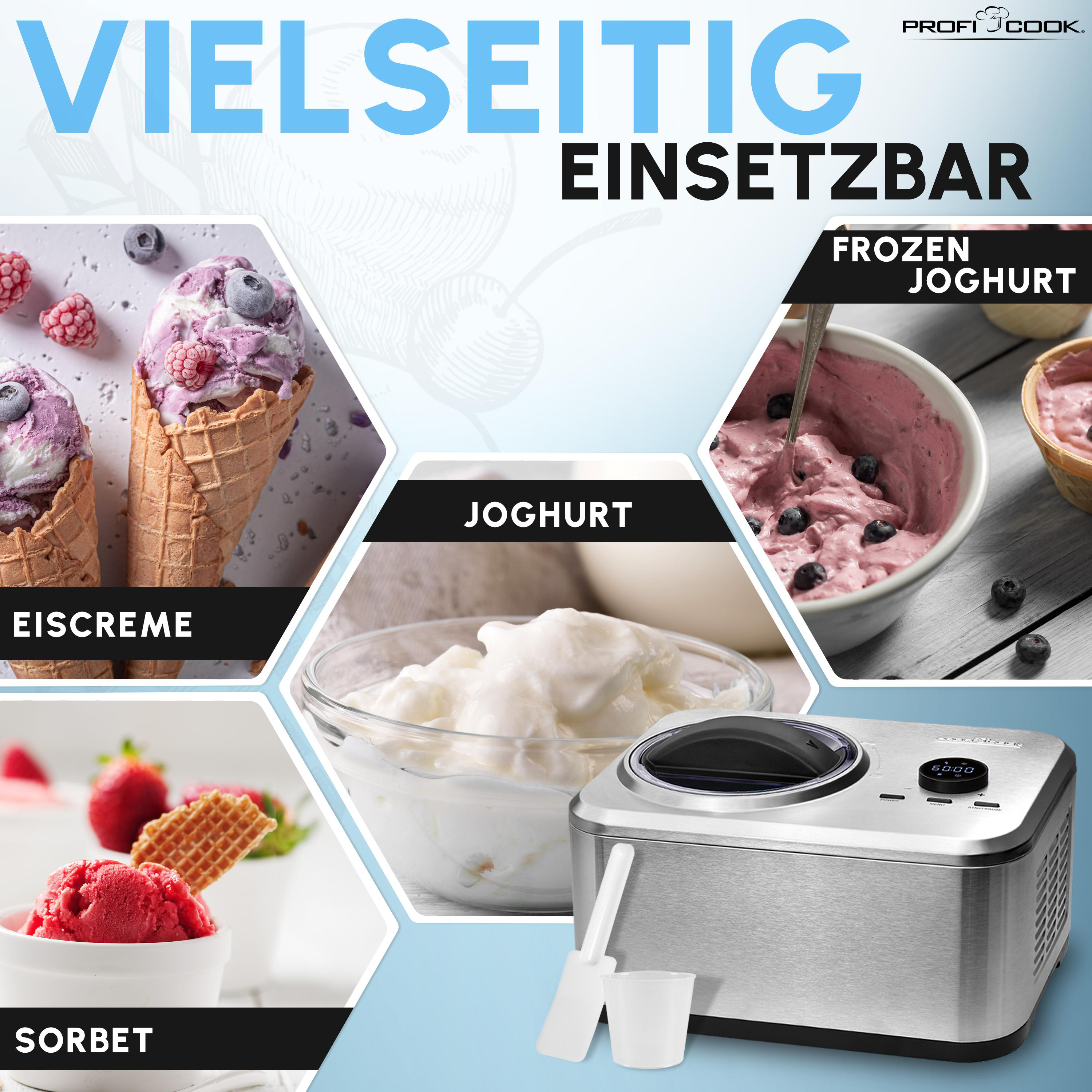 Eismaschine mit verschiedenen Eissorten in Waffeln und Schalen, sowie Sorbet.