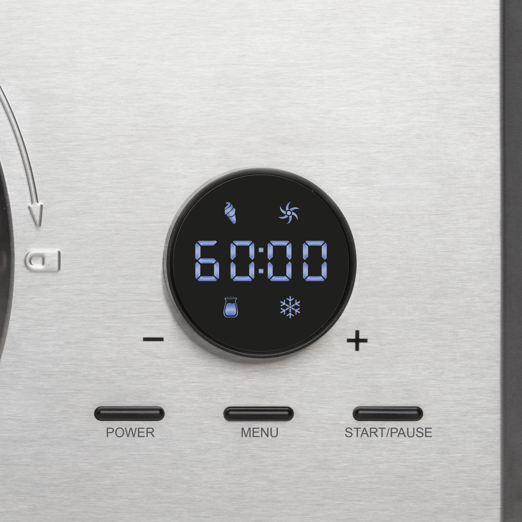 Nahaufnahme eines Digitaldisplays mit einem Timer, der 60:00 anzeigt, umgeben von Steuertasten.