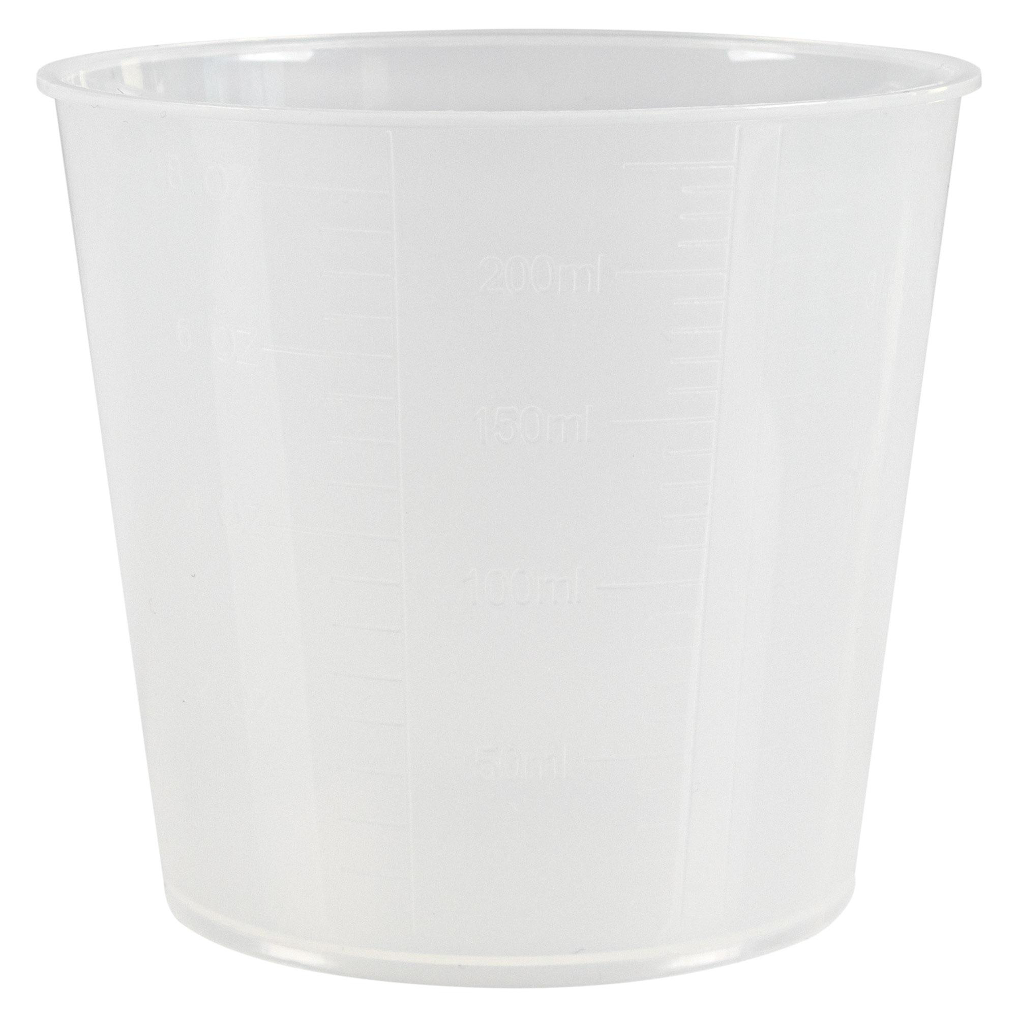 Transparenter Messbecher mit Volumenmarkierungen, zeigt 50 ml, 100 ml, 150 ml und 200 ml.