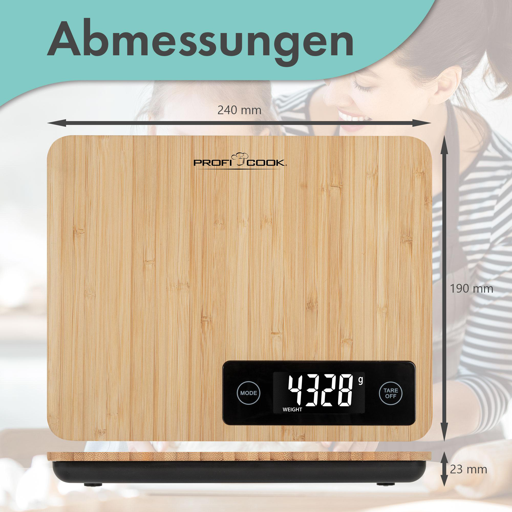 Küchenwaage aus Holz mit digitaler Anzeige, die das Gewicht anzeigt, mit Maßangaben.