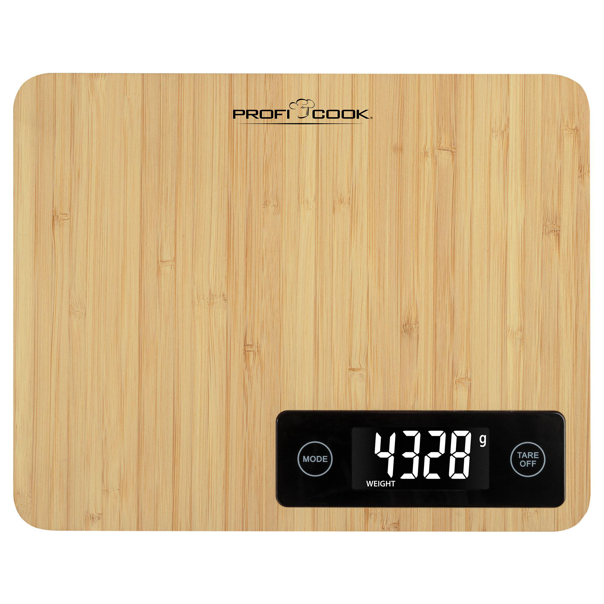 Eine Holzwaage mit digitaler Anzeige, die 4328 g anzeigt.