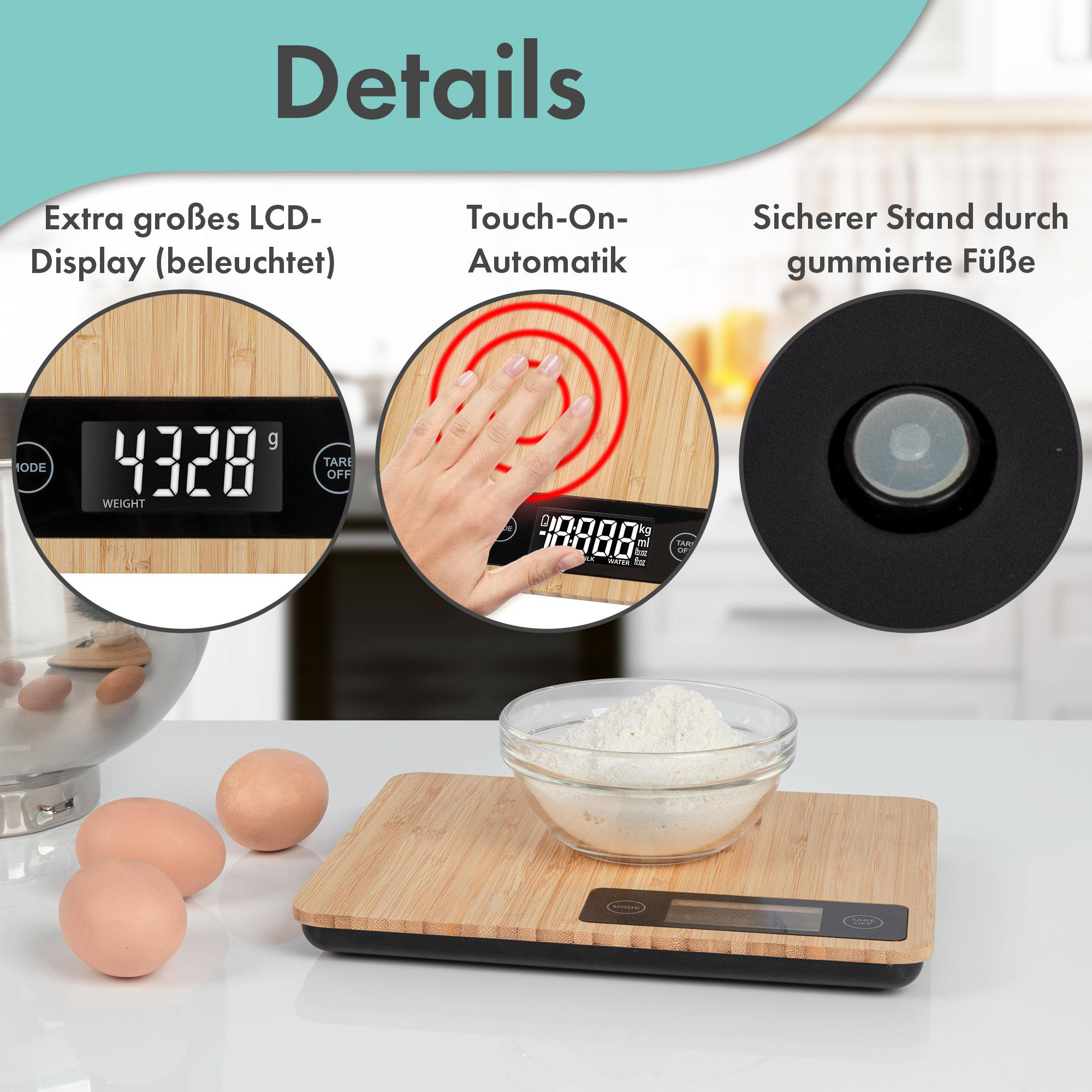 Eine digitale Waage mit Details: Anzeige, Touch-On und Gummifüße. Eier und Mehl.