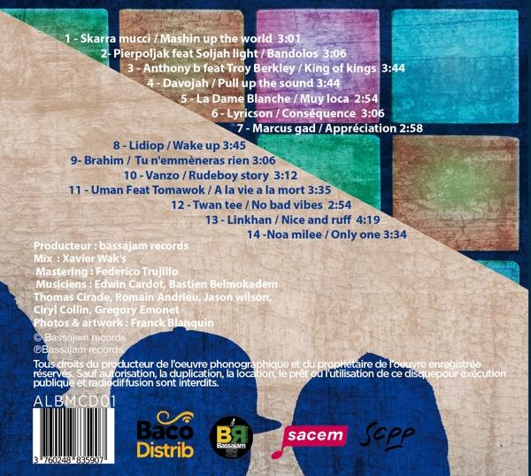 Album-Rückseite mit Titelliste und Credits, eine Mischung aus bunten und strukturierten Designelementen.