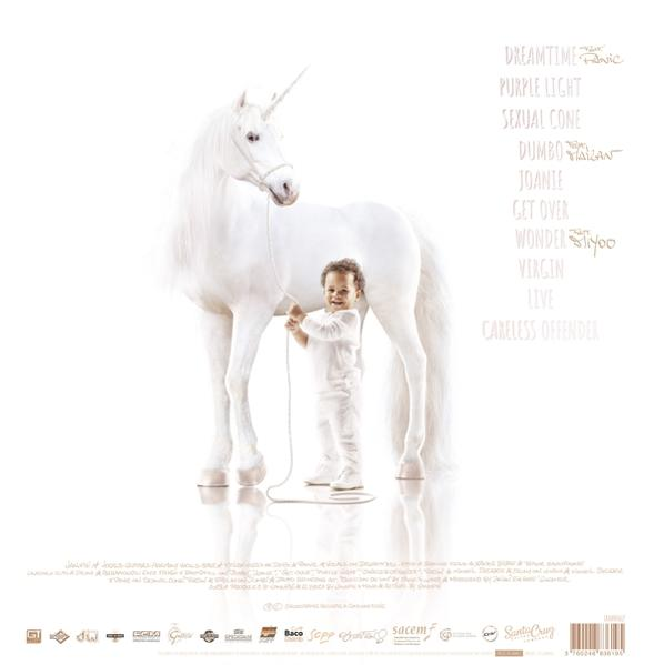 Rückseite eines Einhornalbums. Ein Kind und ein Einhorn sind abgebildet. Text listet Songtitel auf.