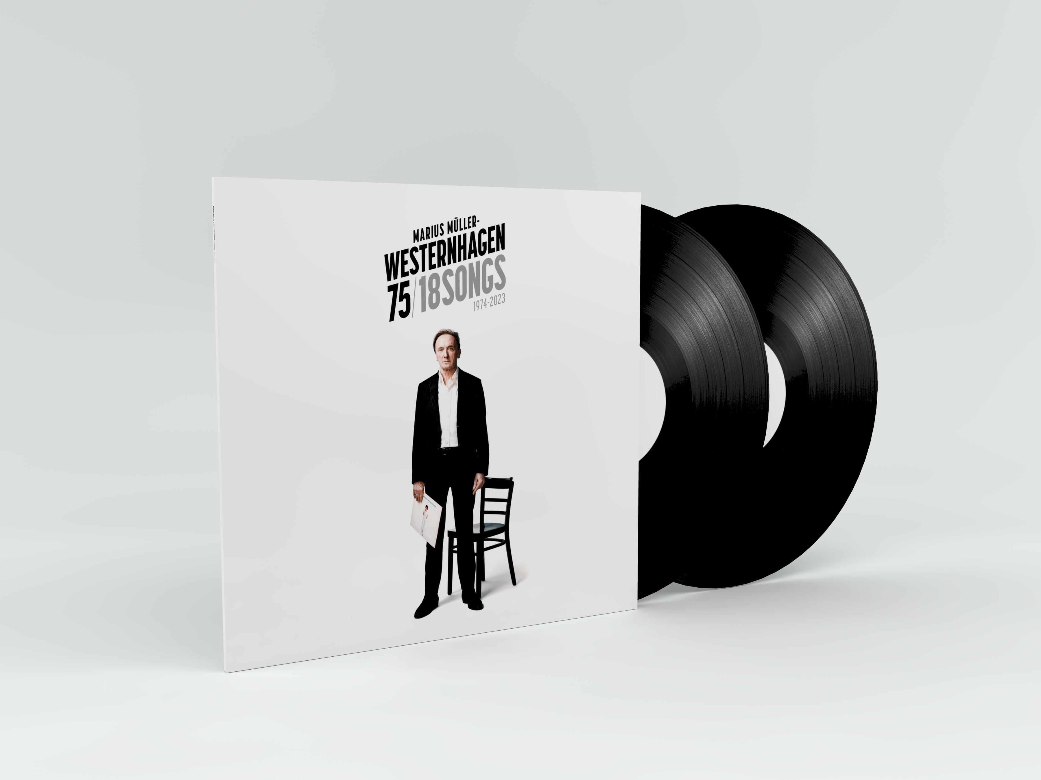 Albumcover mit zwei Schallplatten. Ein Mann steht neben dem Album. Der Künstler ist Marius Müller-Westernhagen.