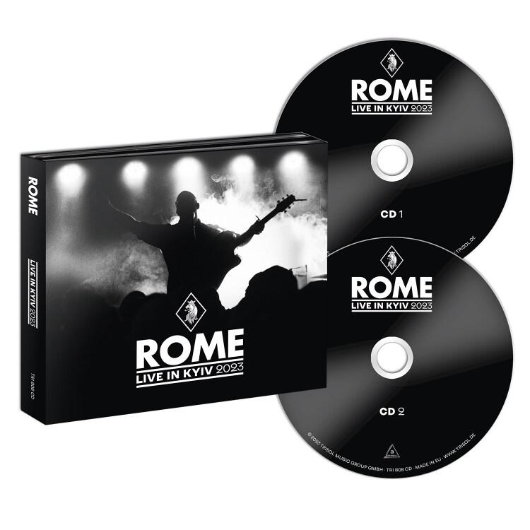CD-Verpackung mit zwei Discs, mit einer Band, die auf einer Bühne spielt, Albumname 'ROME LIVE IN KYIV 2023'.