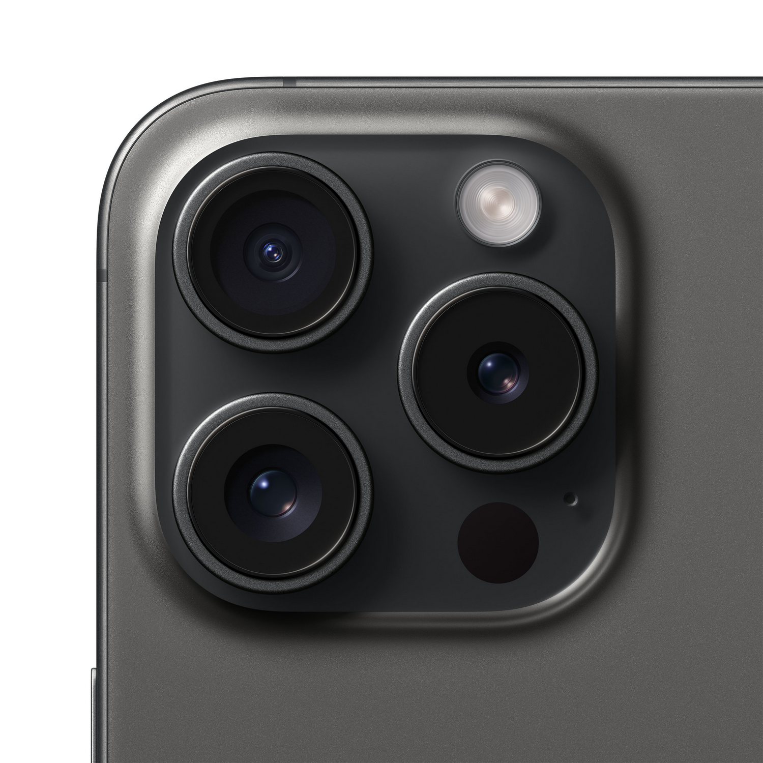 Primer plano del sistema de cámara triple de un iPhone. Lentes negras sobre una superficie gris oscura.