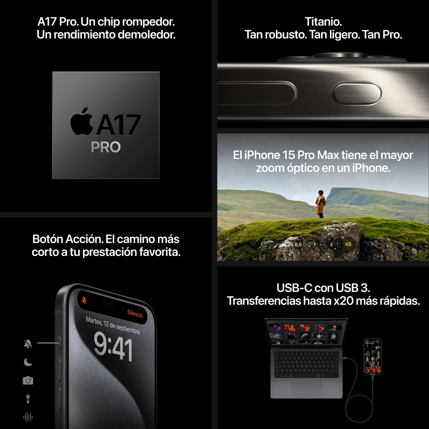 Múltiples imágenes con texto que describe el iPhone 15 Pro Max. Incluye texto sobre titanio y USB-C.