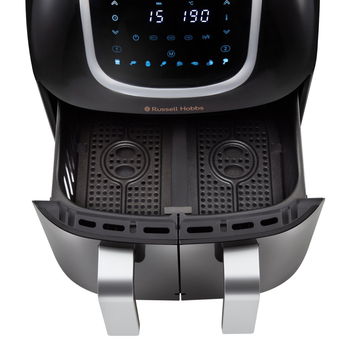 A black Russell Hobbs air fryer with the drawer open. It has a digital display showing time and temperature.