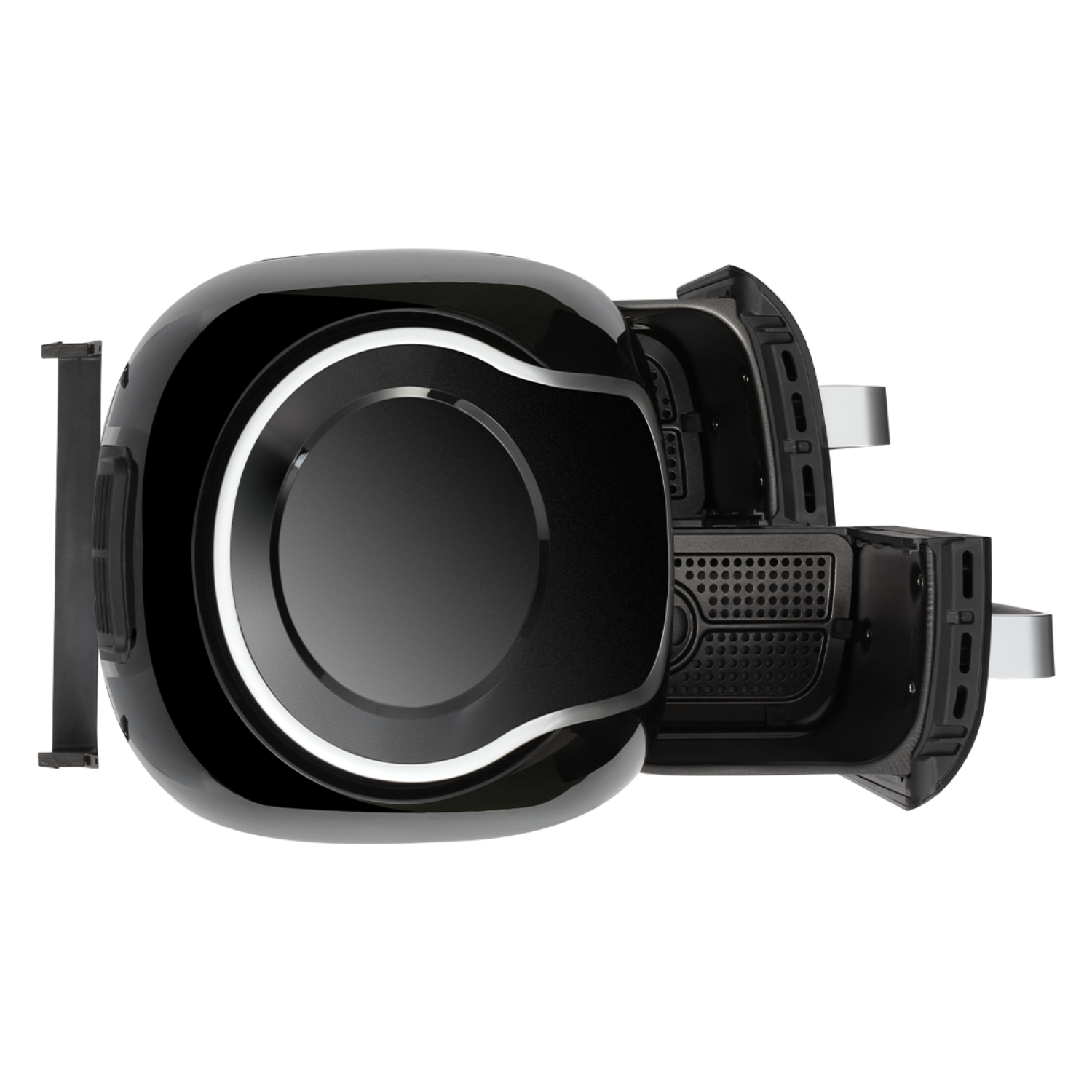 Black air fryer with open basket. Features a shiny black body with silver accents, and a handle. Isolated on white background.