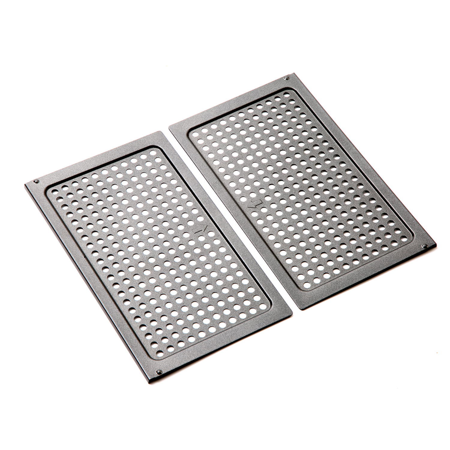 Two rectangular metal grates with many small holes are on a white background. The grates are gray with rounded corners.