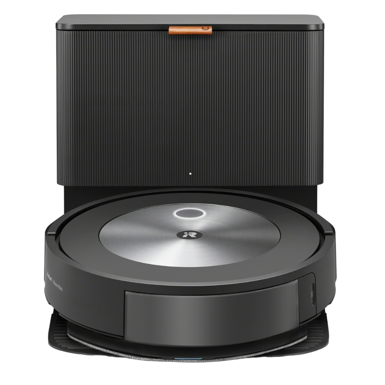 Roomba robotstofzuiger met oplaadstation. Zwart en grijs ontwerp.