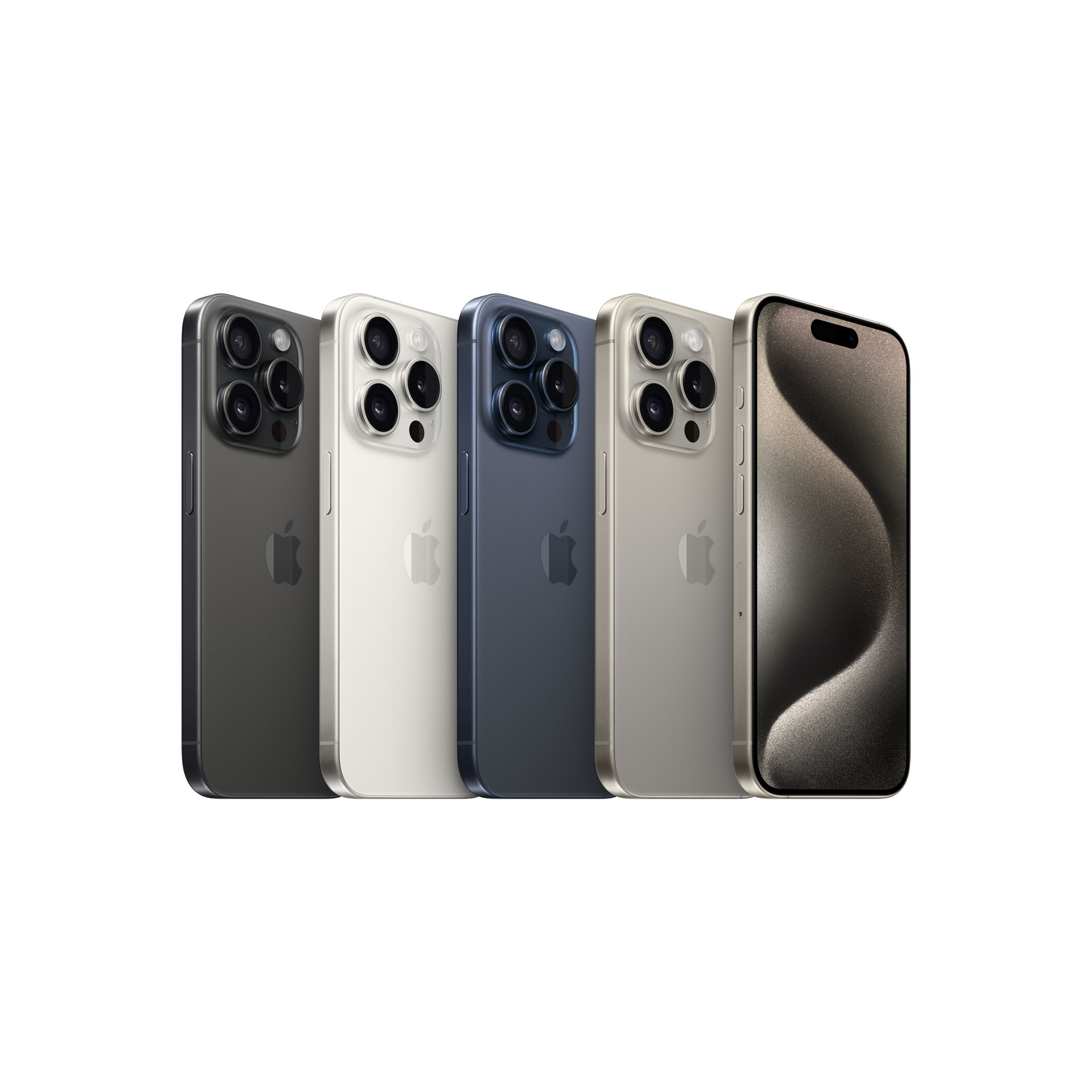 Cuatro iPhone 15 Pro Max de diferentes colores sobre fondo blanco.