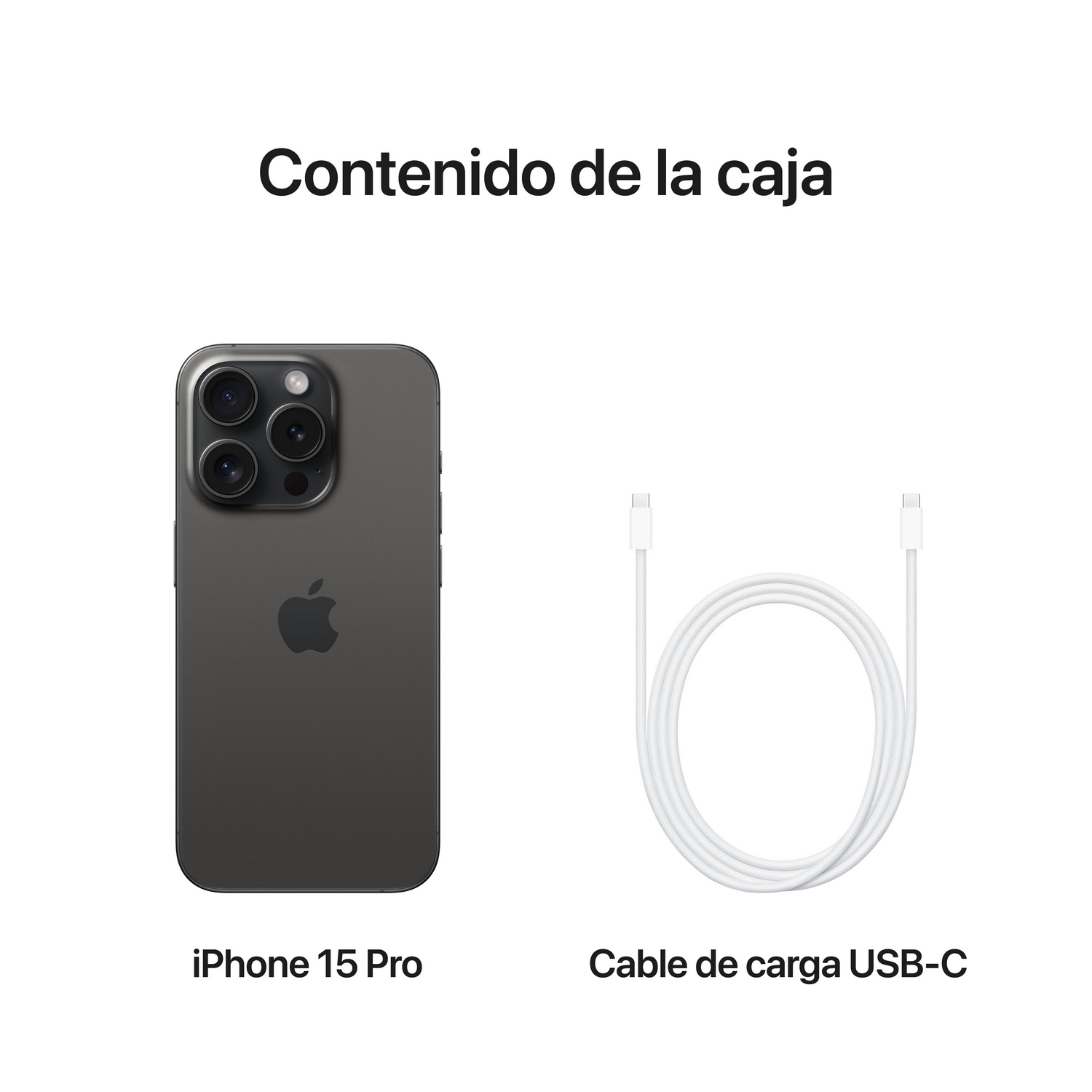 Un iPhone 15 Pro y un cable de carga USB-C sobre fondo blanco. El teléfono es gris oscuro.