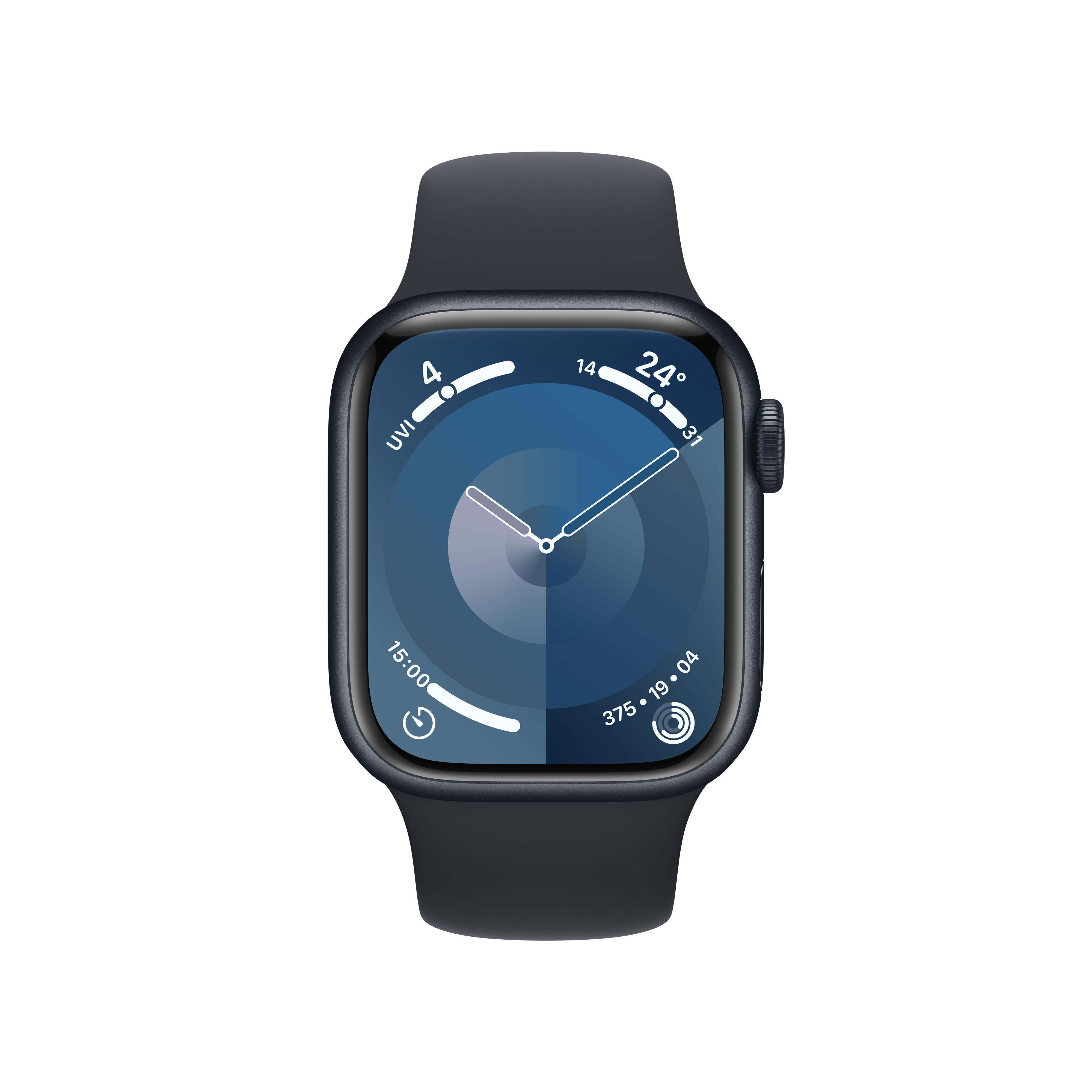 Apple Watch-Zifferblatt mit Uhrzeit, Datum und Informationen wie UVI und Temperatur.