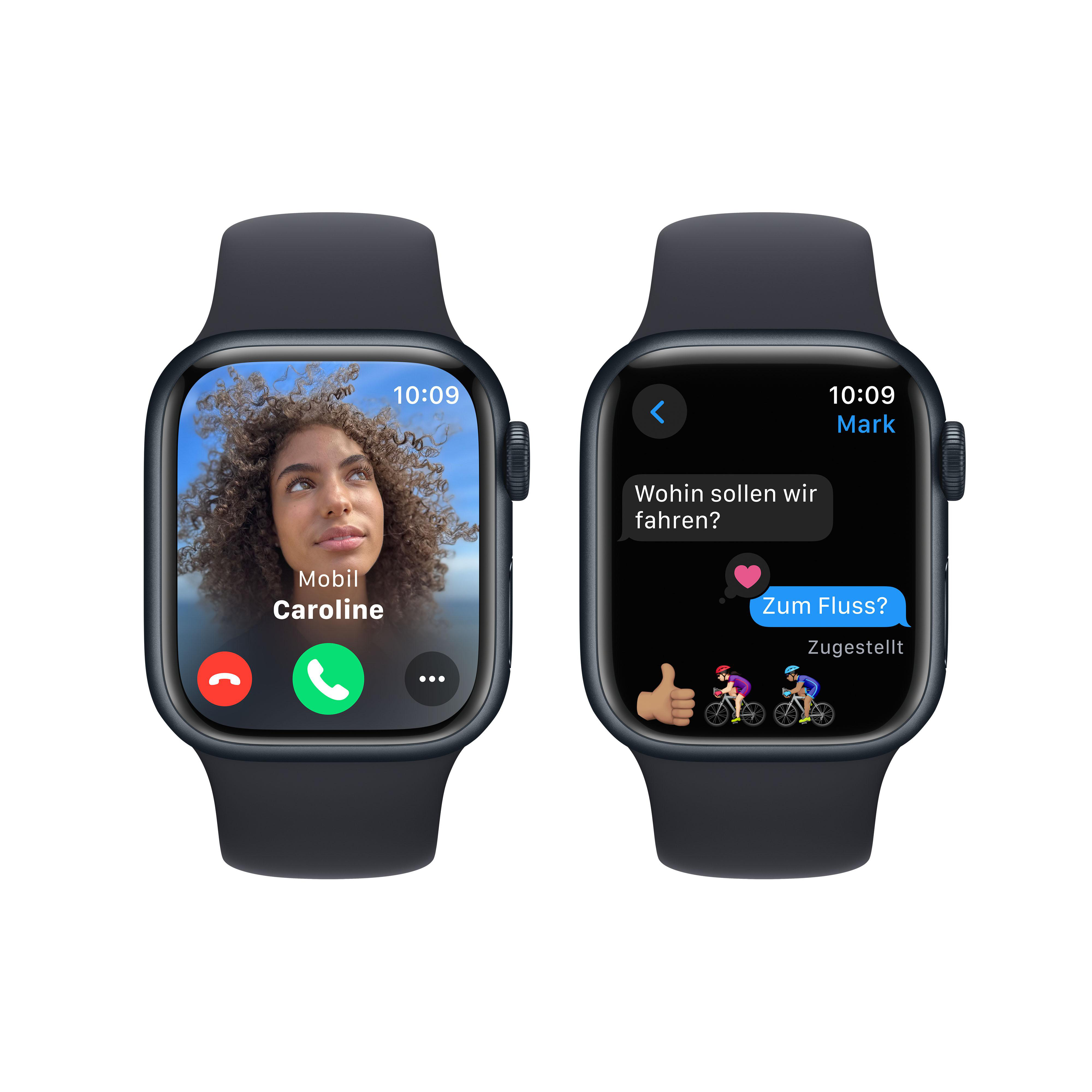 Zwei Apple Watches nebeneinander. Eine zeigt einen Anruf, die andere eine Textkonversation.