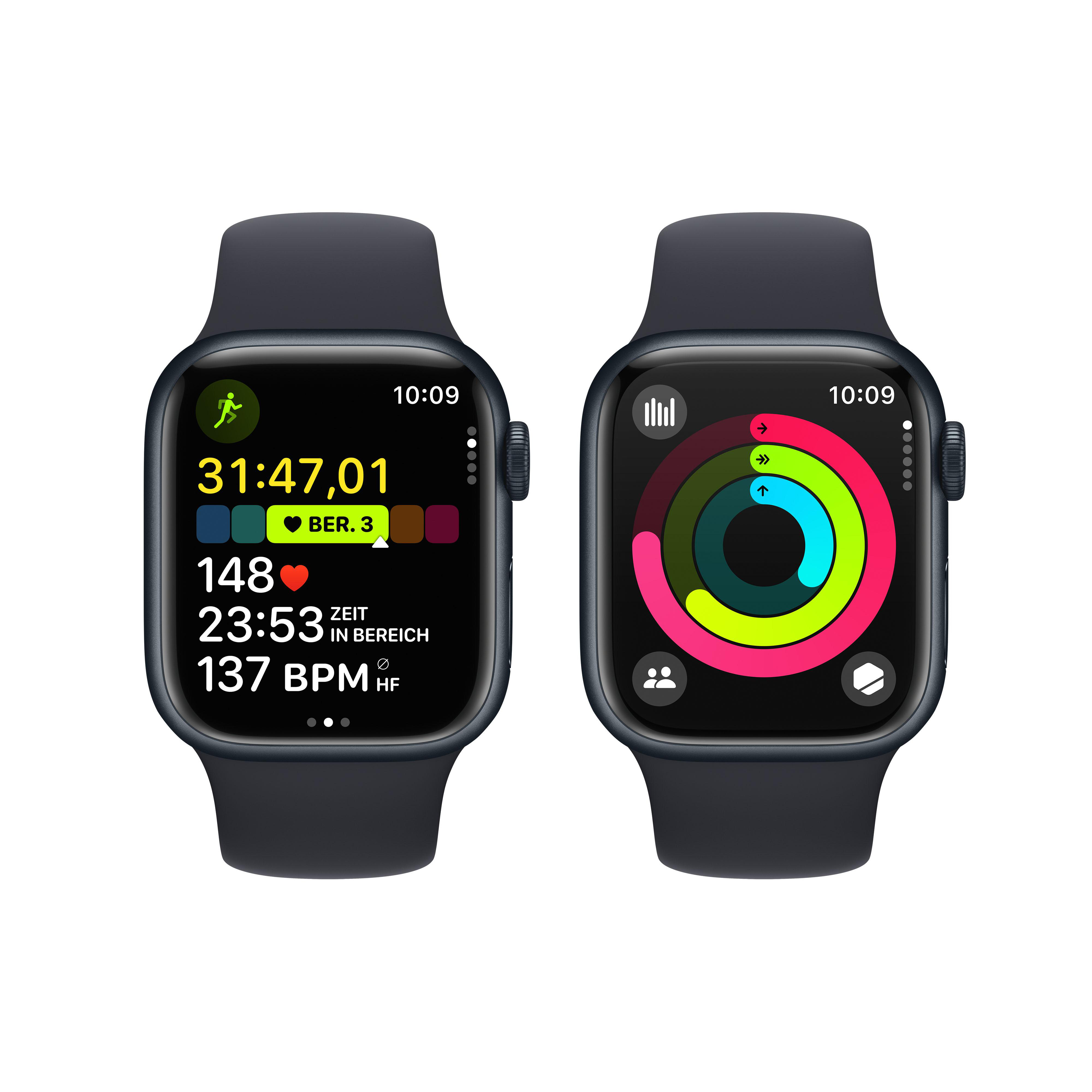 Zwei Apple Watches zeigen Fitnessdaten an. Einer zeigt einen laufenden Mann, der andere Aktivitätsringe.