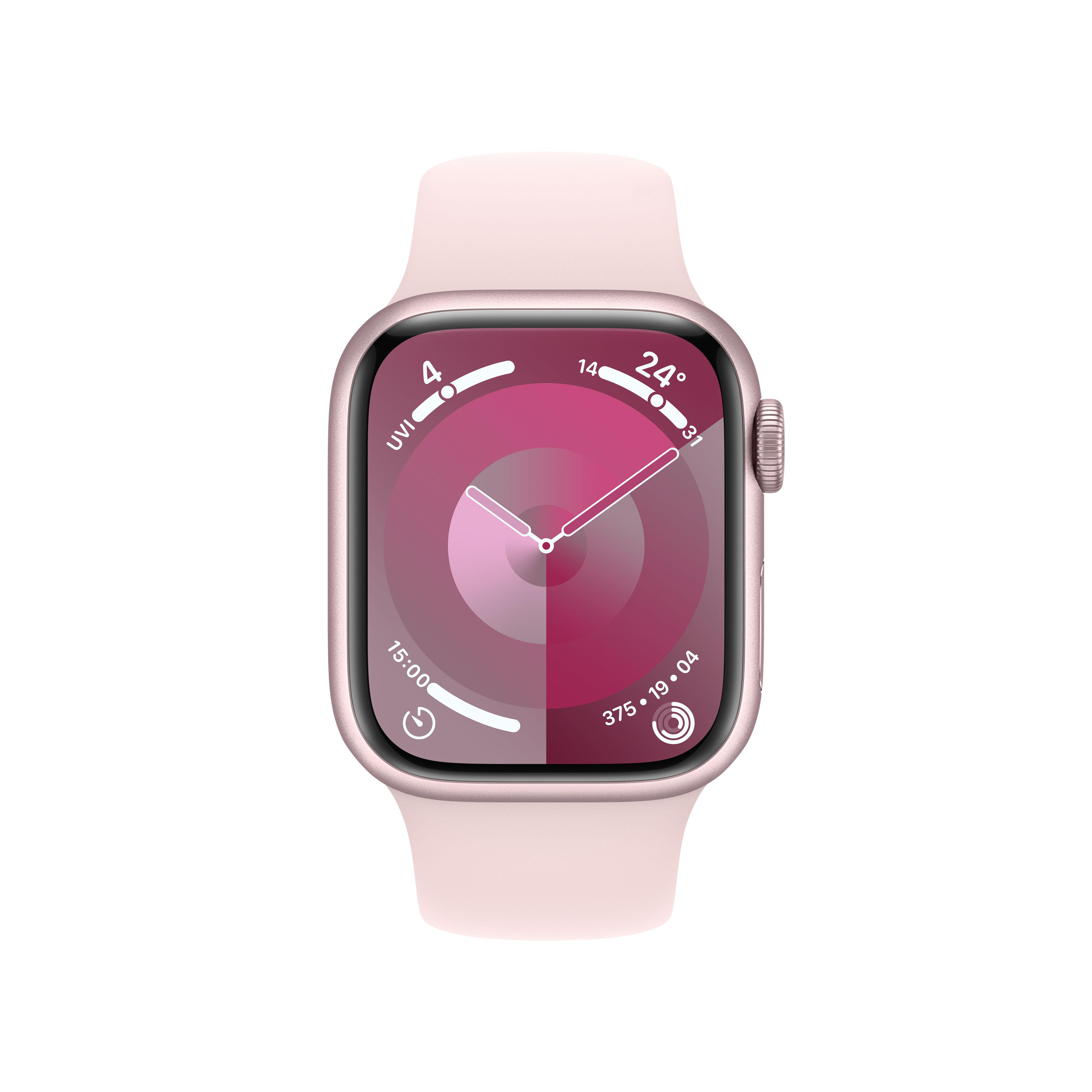 Eine Apple Watch mit pinkfarbenem Armband, die ein Zifferblatt mit kreisförmigen Zifferblättern anzeigt.