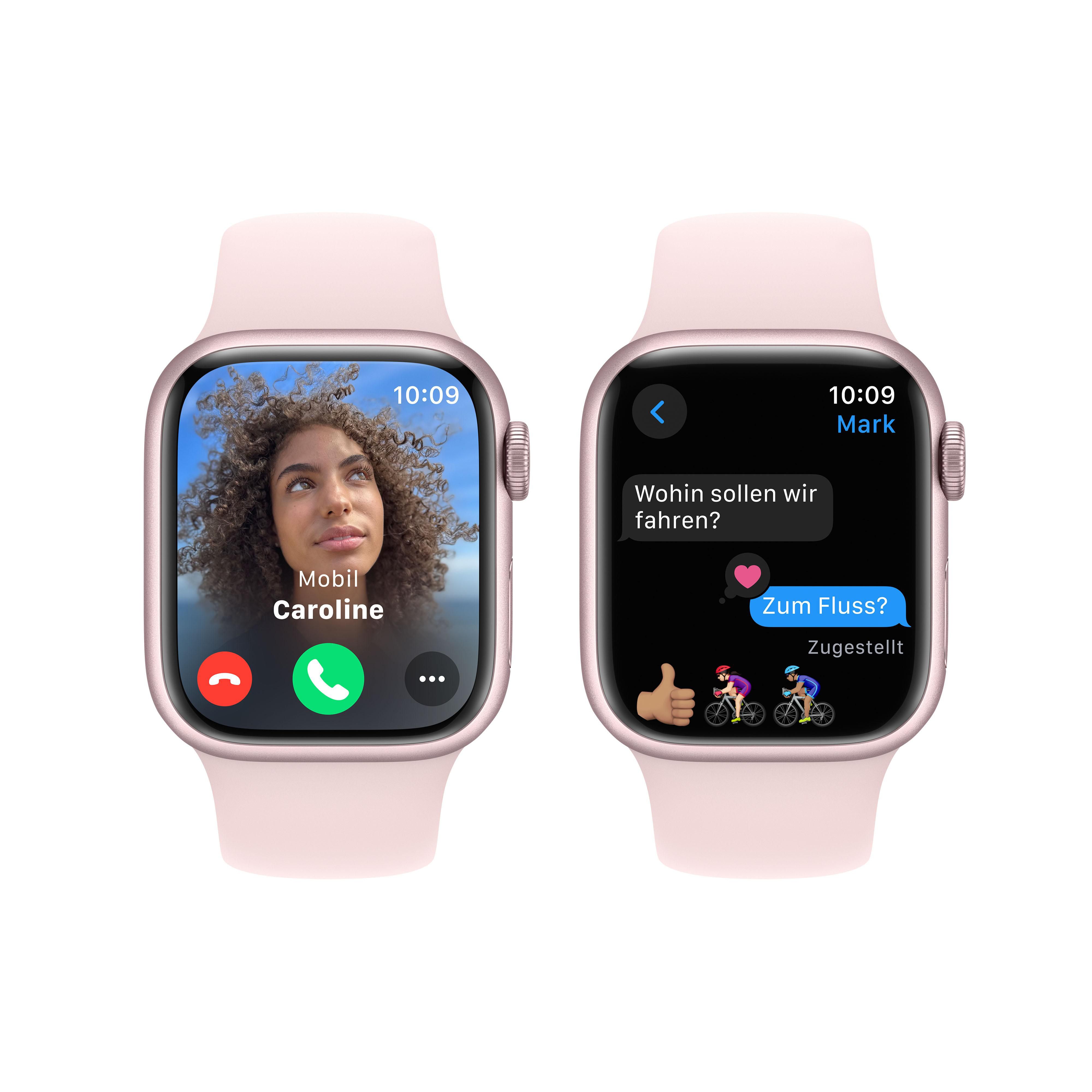 Zwei Apple Watches. Eine zeigt einen Videoanruf, die andere eine Nachricht mit Fahrrad-Symbol.