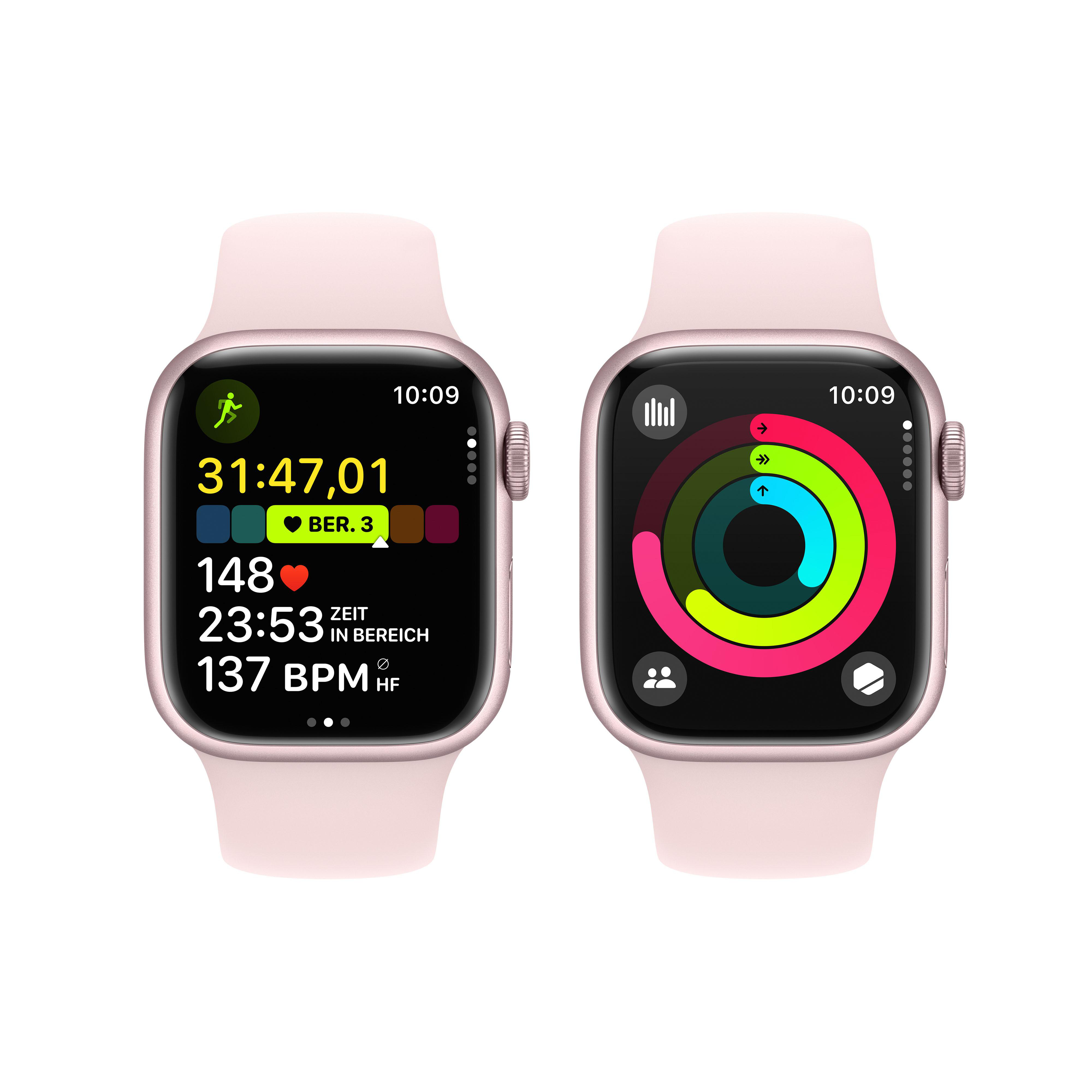 Zwei Apple Watches, pinkes Band, zeigen verschiedene Daten an.