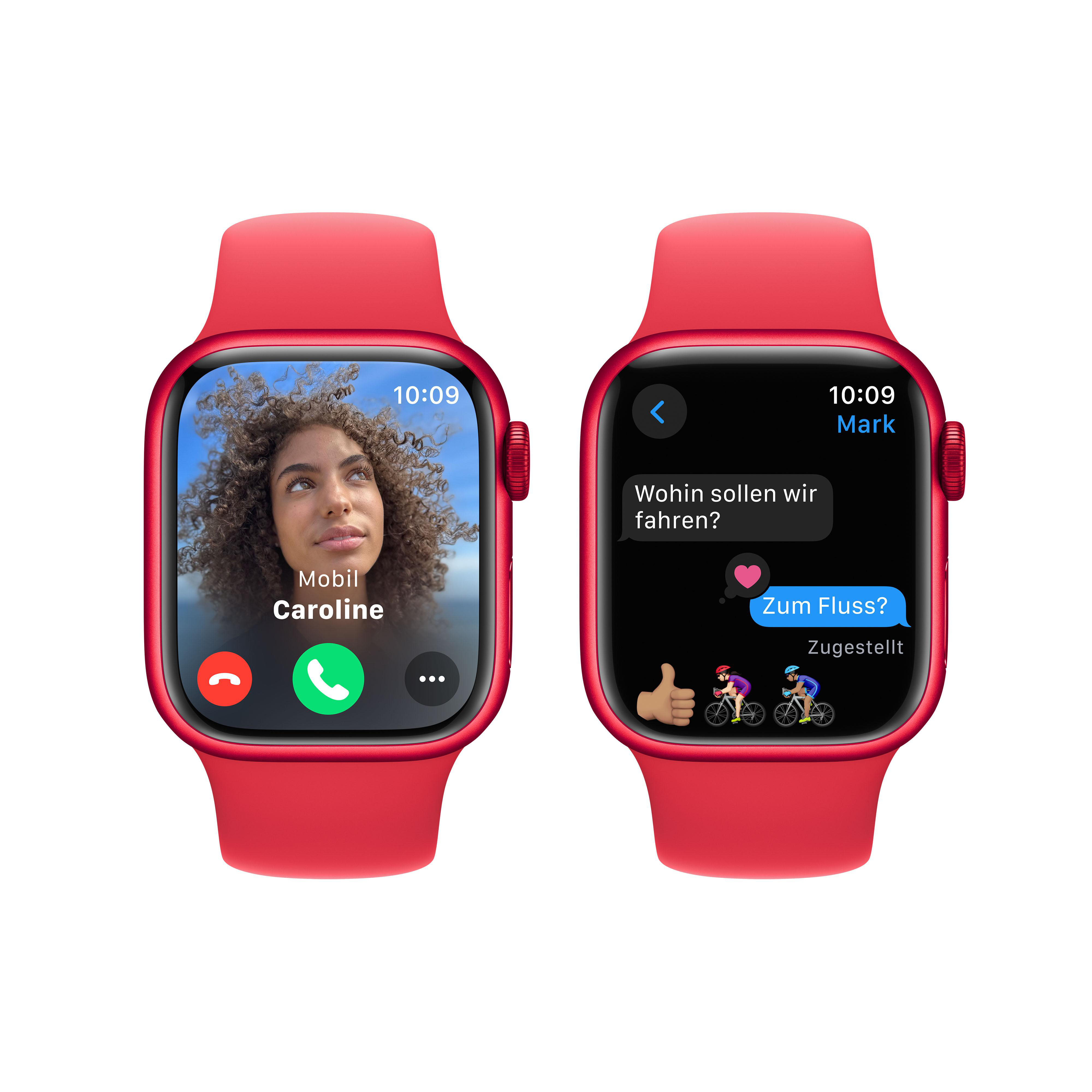Zwei rote Apple Watches mit Anrufen und Texten. Jede Uhr hat einen anderen Bildschirm.
