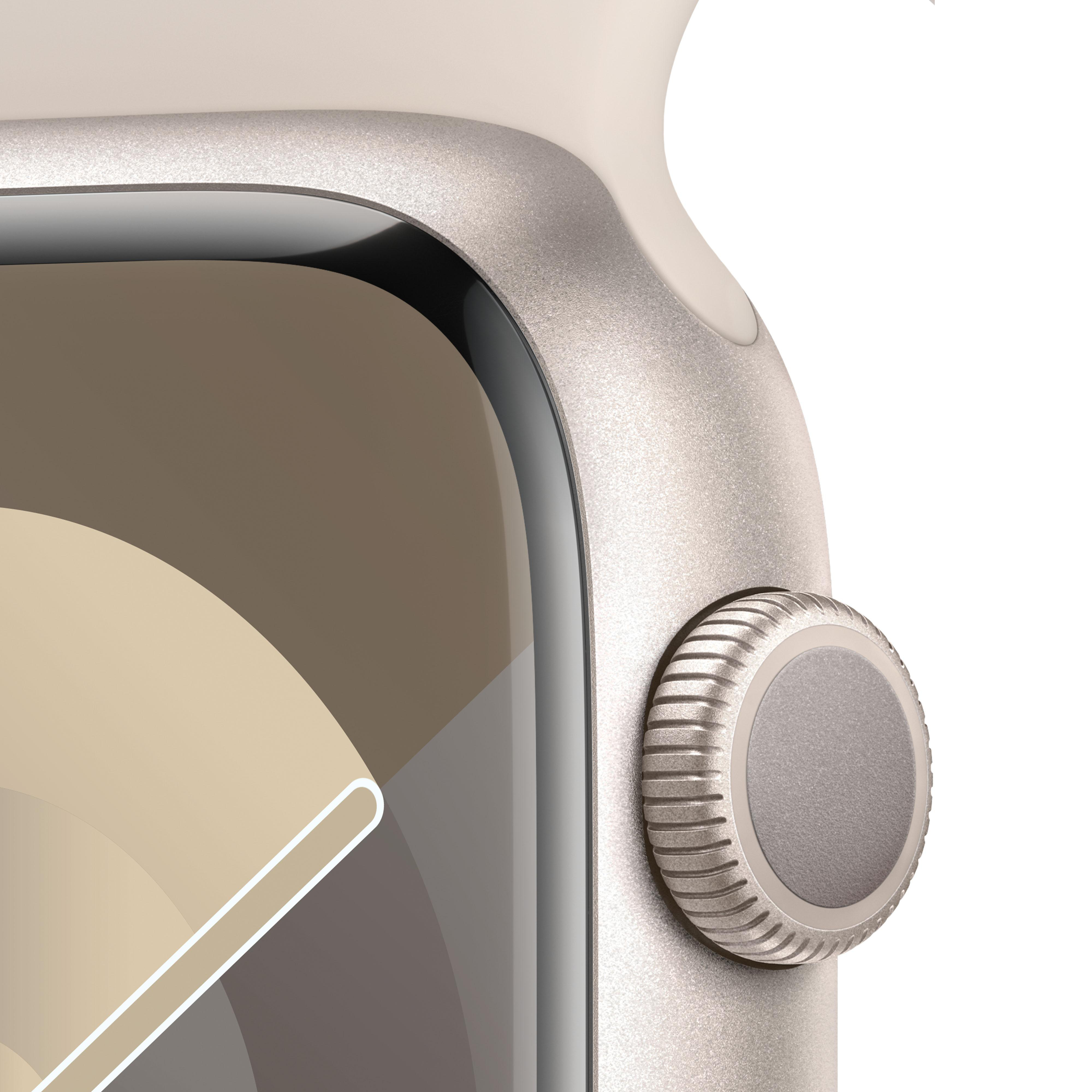 Nahaufnahme einer Apple Watch mit Metallic-Finish und Seitentaste.