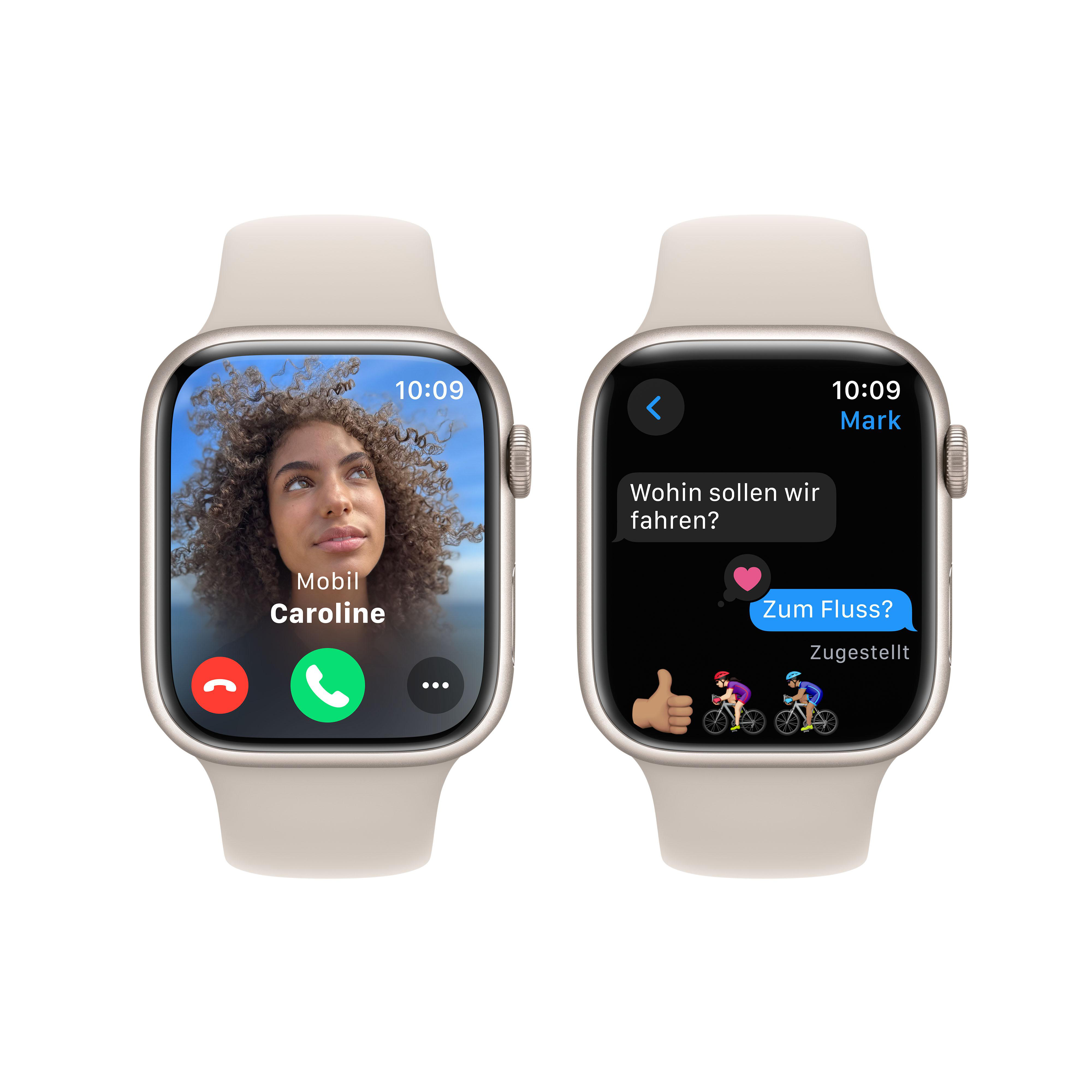 Zwei Apple Watches mit unterschiedlichen Bildschirmen. Eines ist ein Anruf, das andere eine SMS über den Fluss.