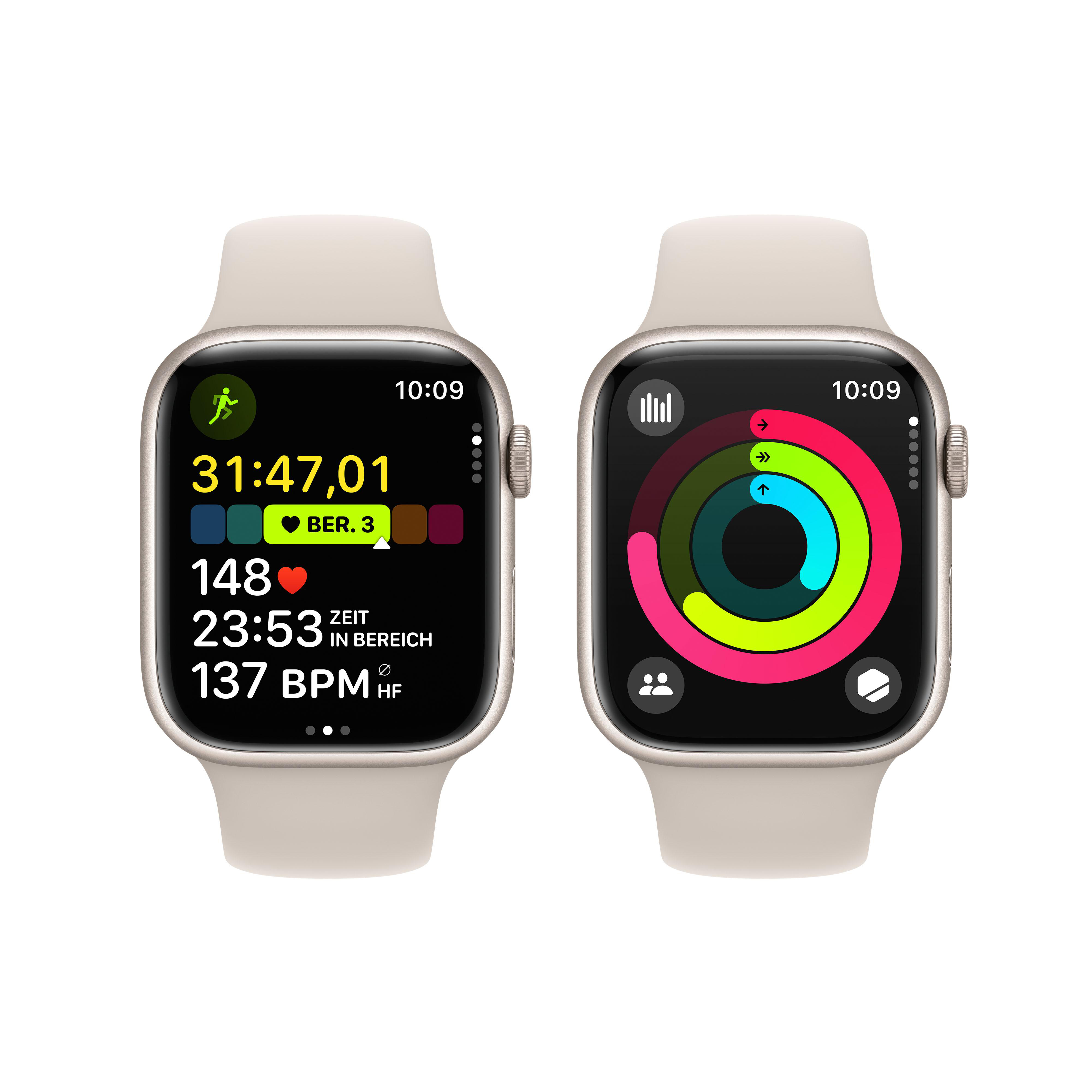 Zwei Apple Watches. Eine zeigt Aktivitätsringe und Gesundheitsdaten; die andere Aktivitätsmetriken.