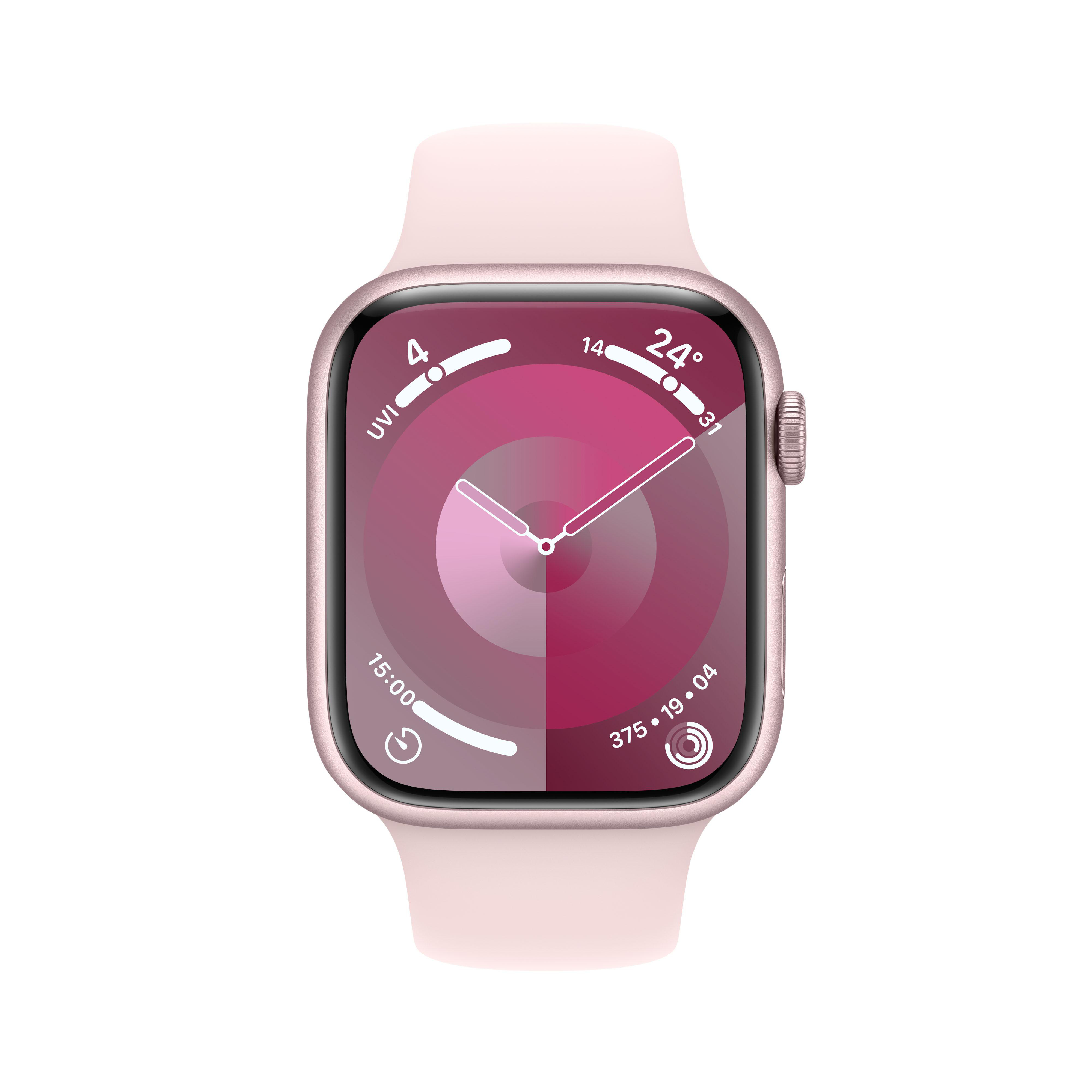 Rosafarbene Smartwatch mit kreisförmiger Oberfläche, die Zeit und Gesundheitsmetriken auf Weiß zeigt.