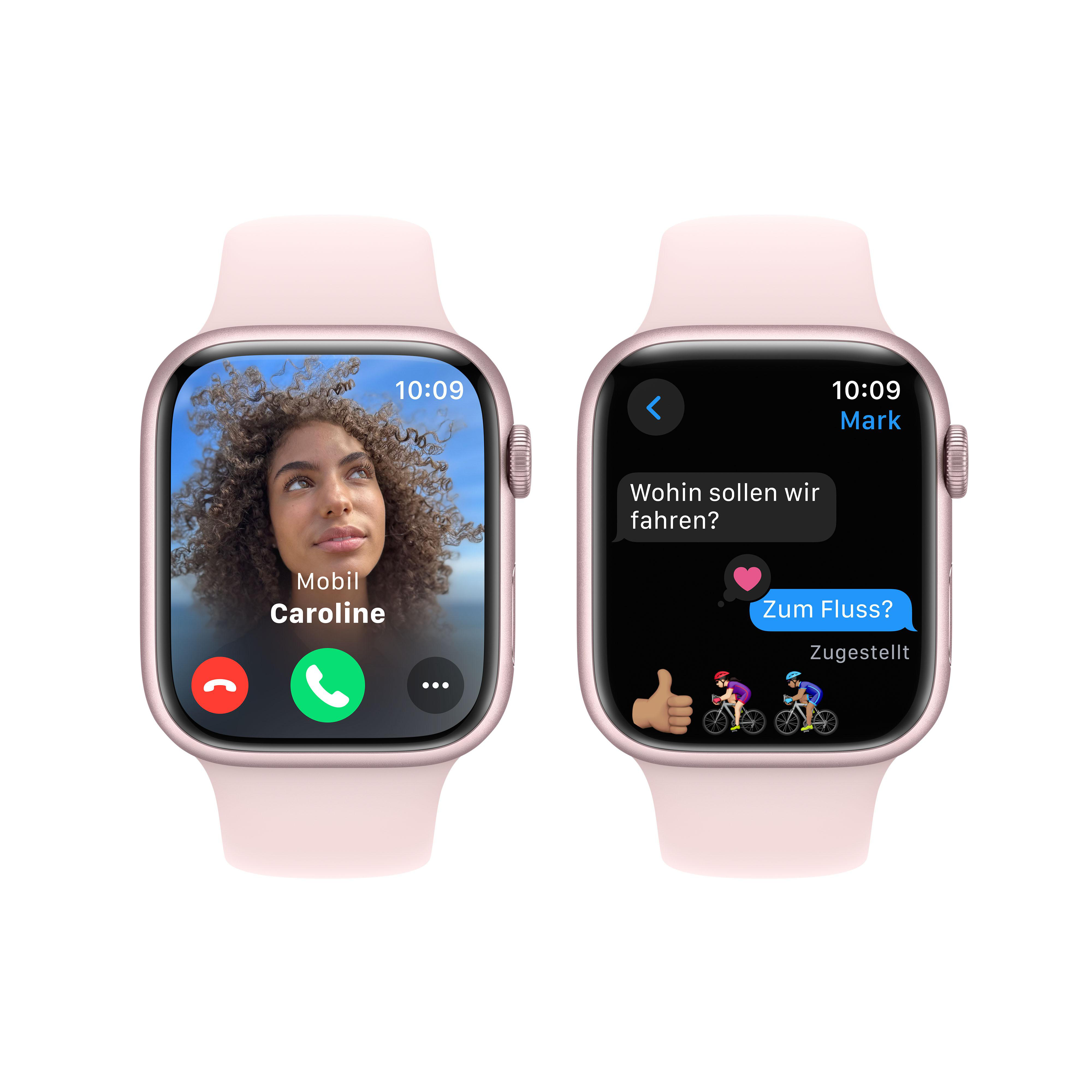 Zwei Apple Watches zeigen einen Anruf und einen Text. Die erste zeigt eine Frau. Die zweite sagt 'Zum Fluss?'
