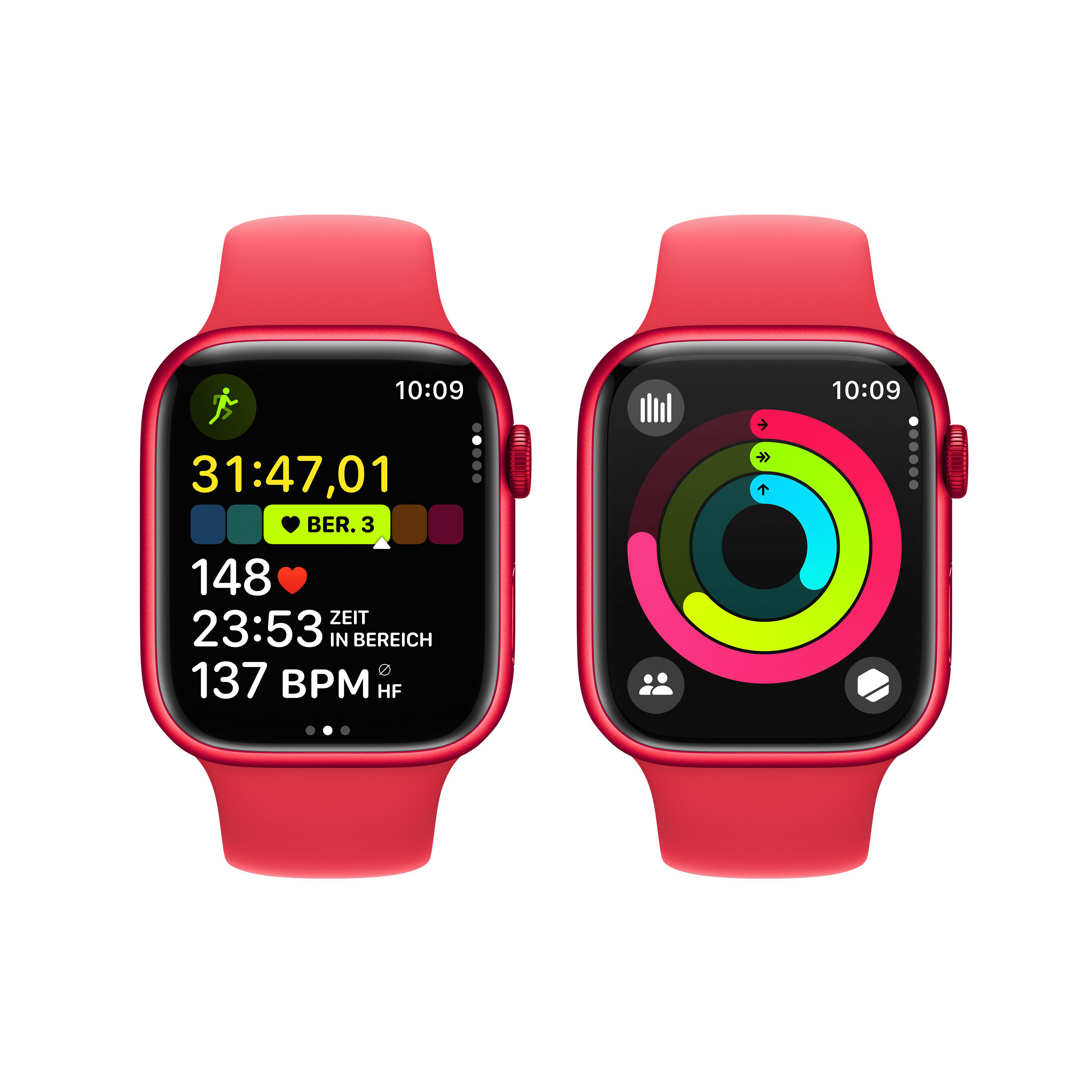 Zwei rote Apple Watches, die Fitnessdaten links und Aktivitätsringe rechts zeigen.