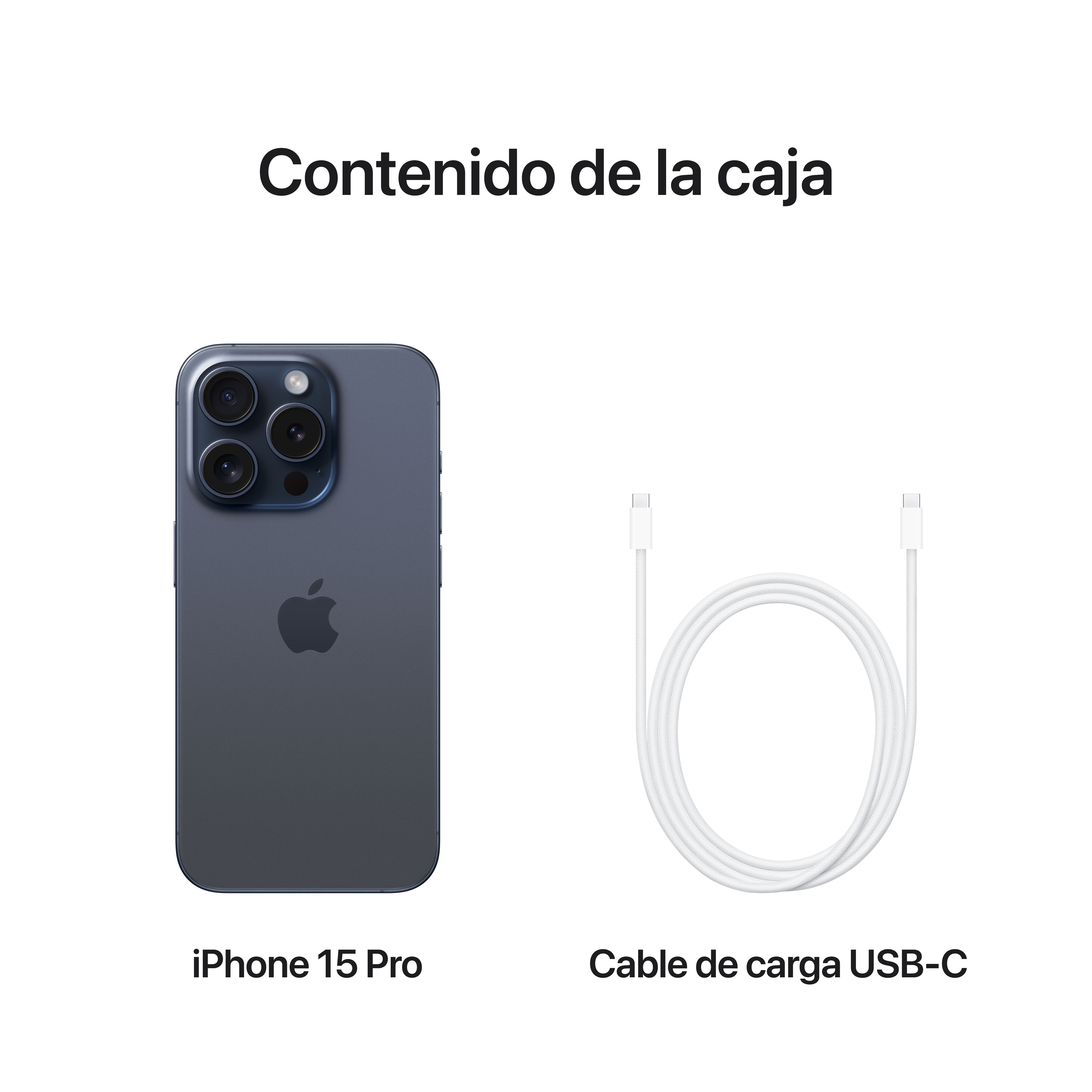 Un iPhone 15 Pro y un cable de carga USB-C sobre una superficie blanca.