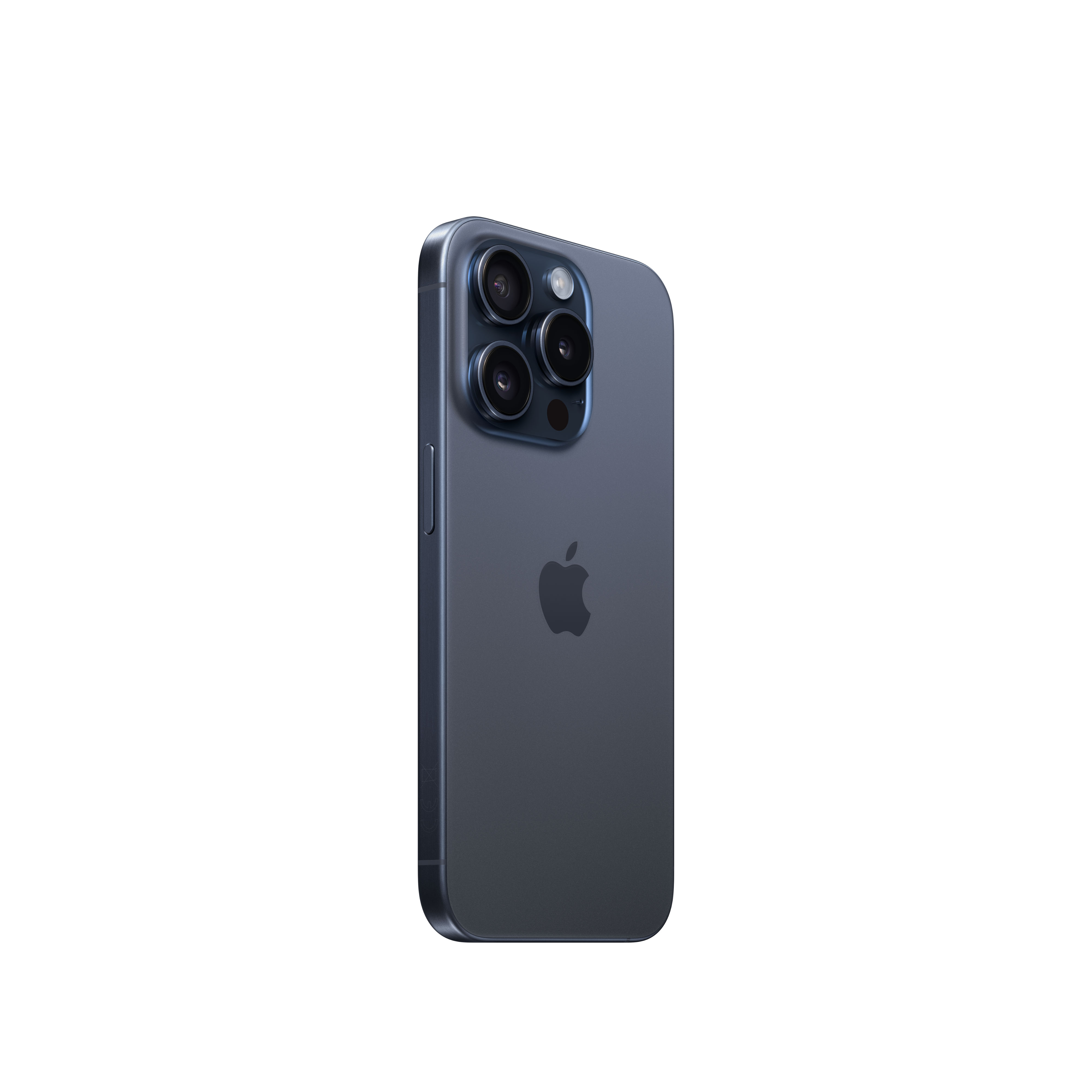 Un iPhone azul oscuro con tres cámaras en la parte trasera, logotipo de Apple y fondo blanco.
