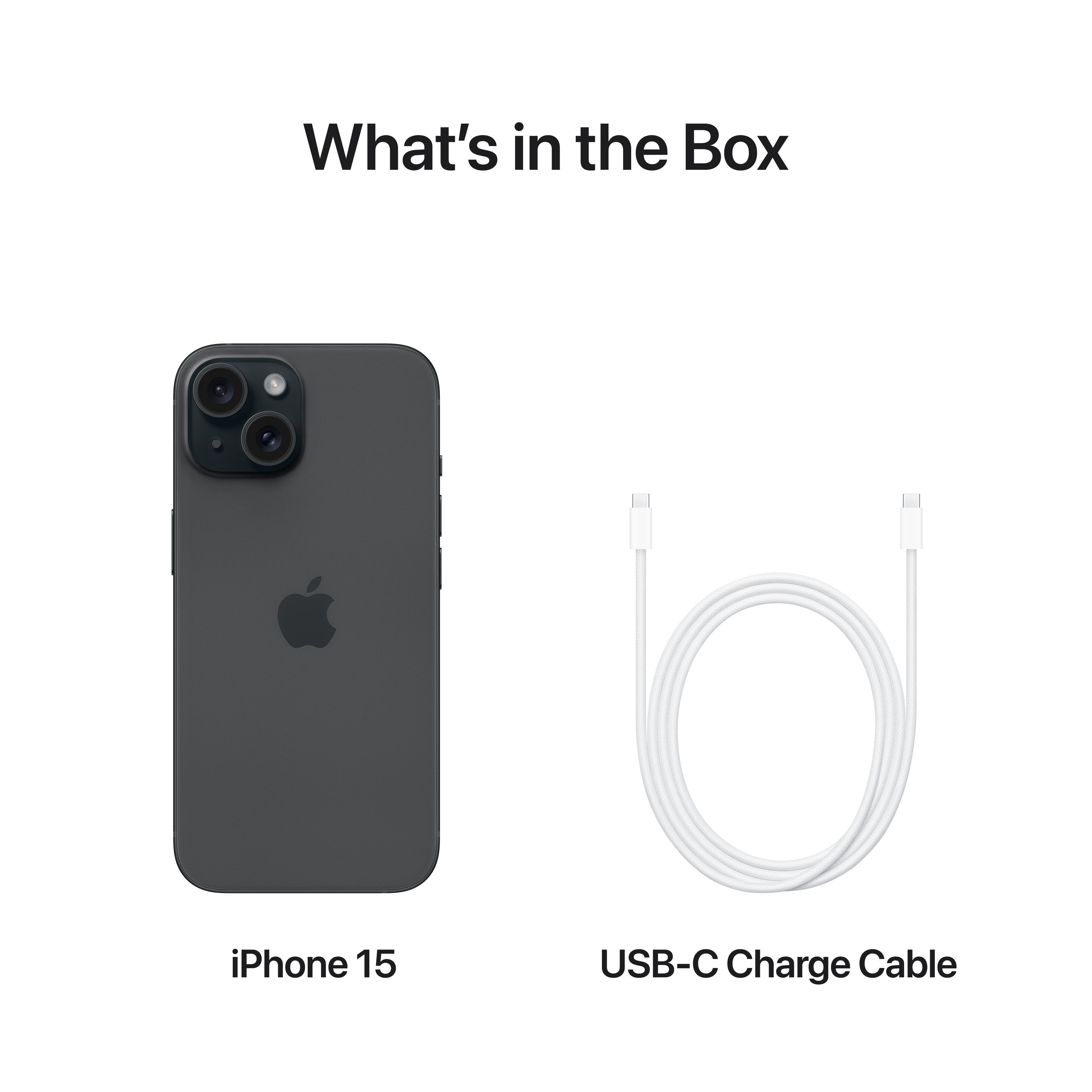 Un iPhone 15 et un câble de charge USB-C sur fond blanc, avec texte superposé.