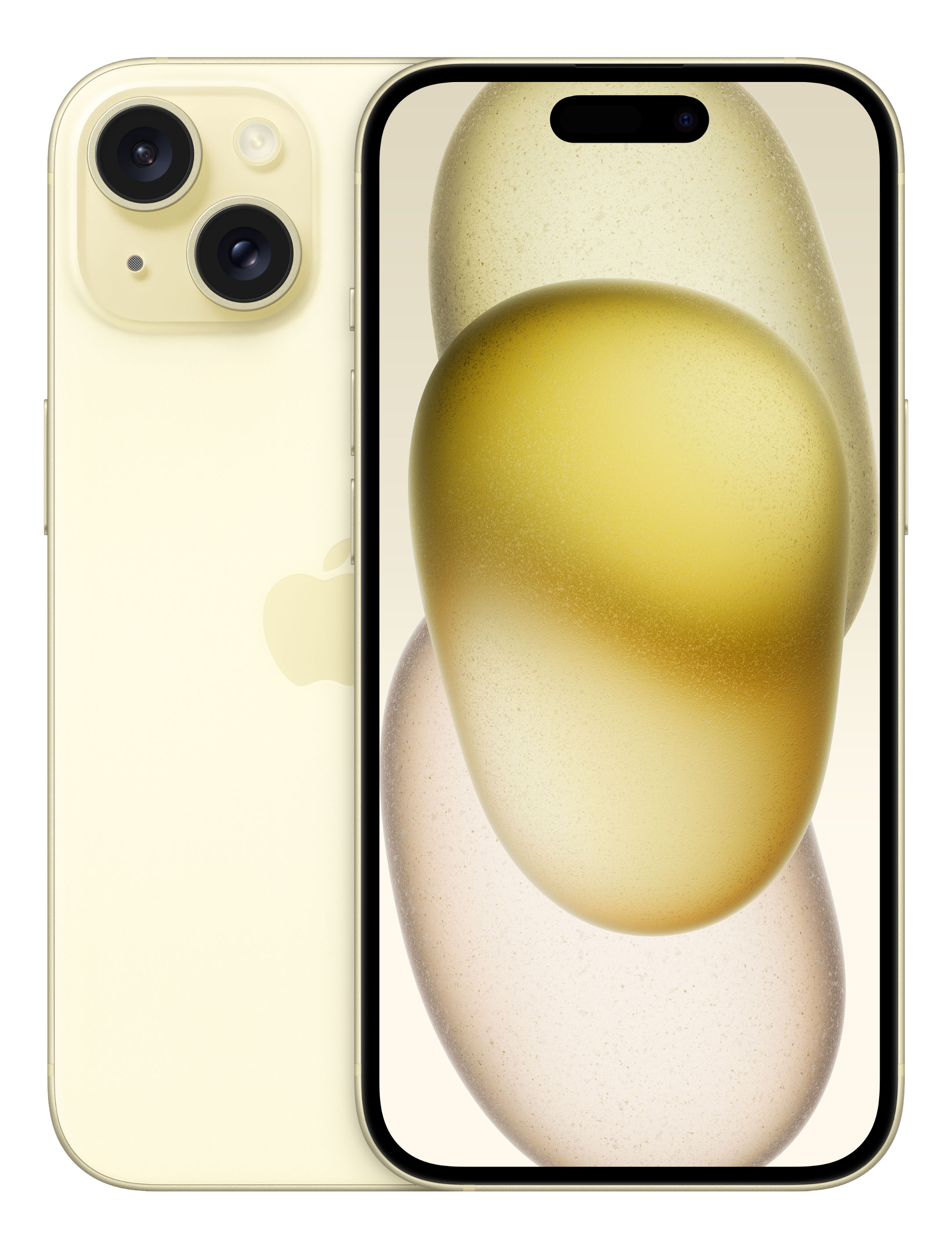Gelbes iPhone 14 mit zwei Rückkameras. Der Bildschirm zeigt ein gelb-rosa Muster.