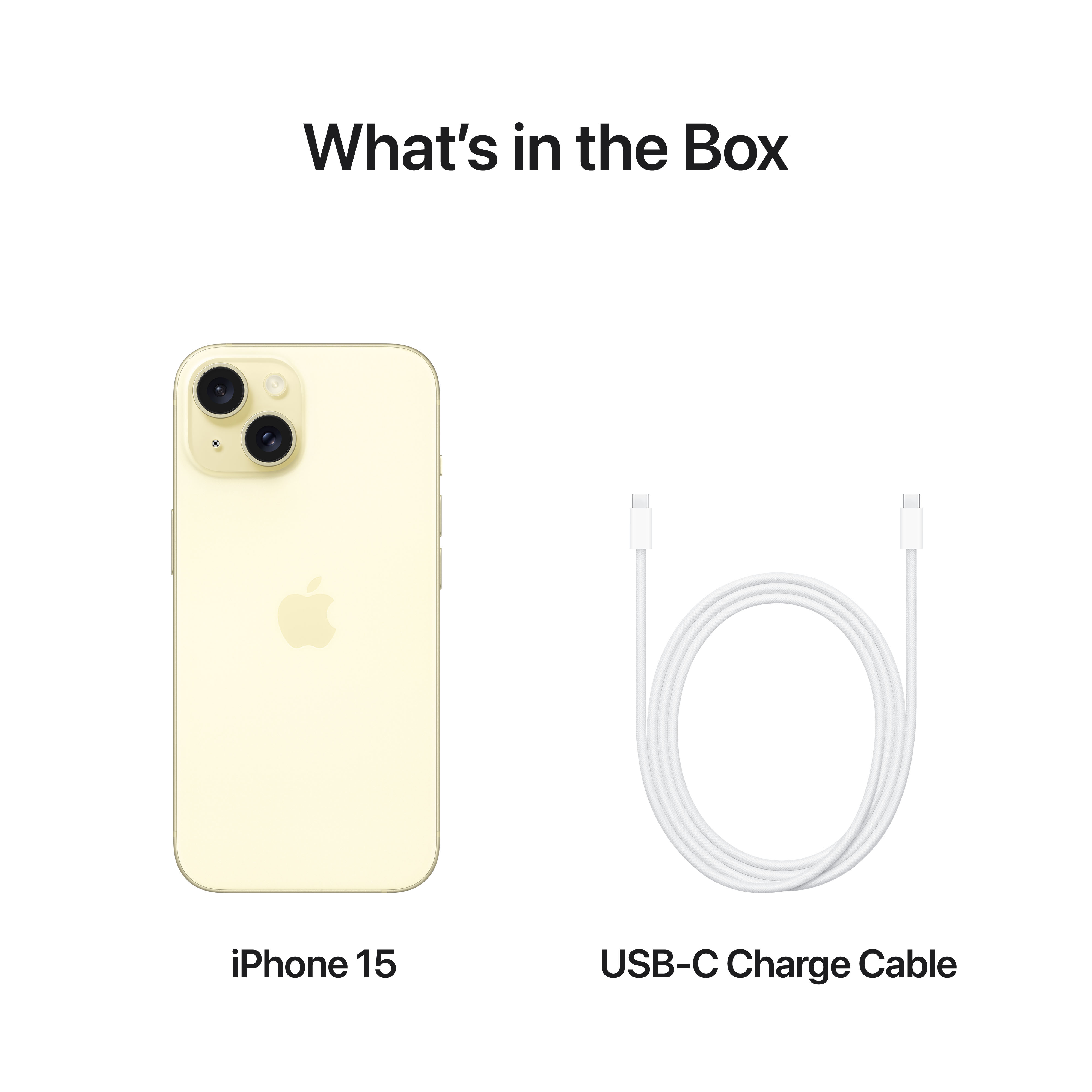 iPhone 15 und USB-C-Kabel auf weißem Hintergrund, Text 'What's in the Box' darüber.