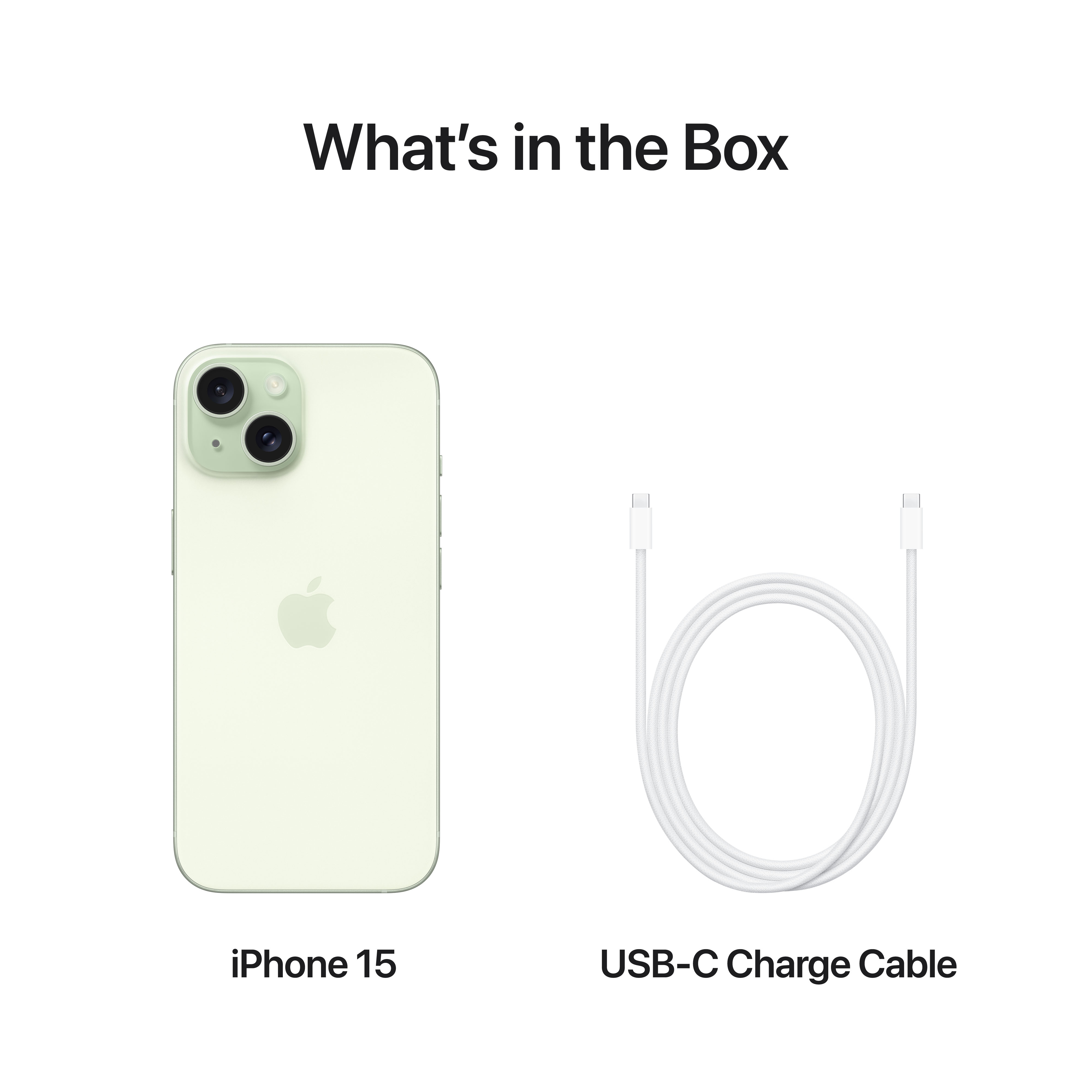 Grünes iPhone 15 und weißes USB-C-Kabel auf weißem Hintergrund.