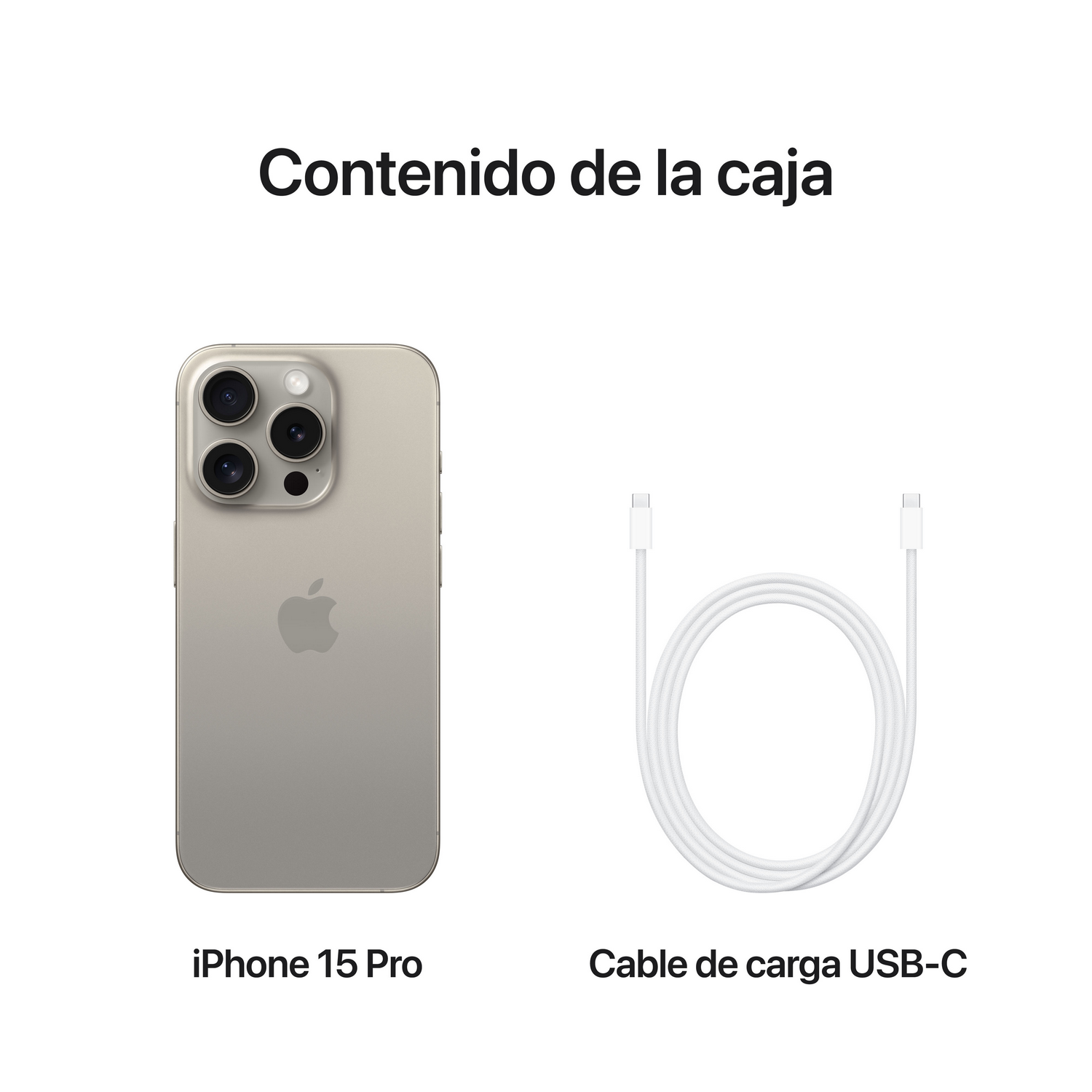 iPhone 15 Pro y un cable de carga USB-C, fondo blanco.
