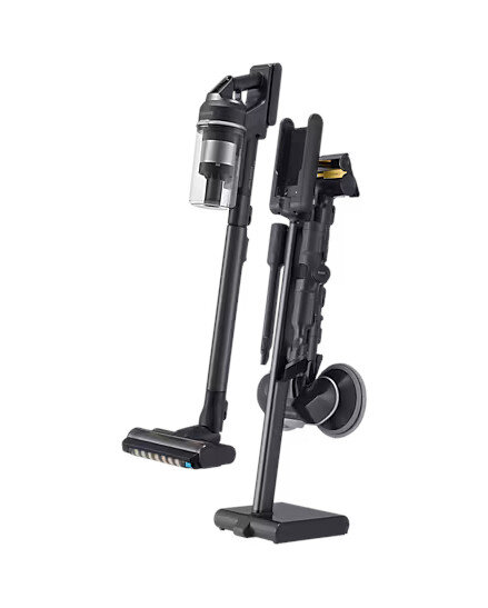 Odkurzacz bezprzewodowy ze stojakiem, pokazujący opcje przechowywania i użytkowania.