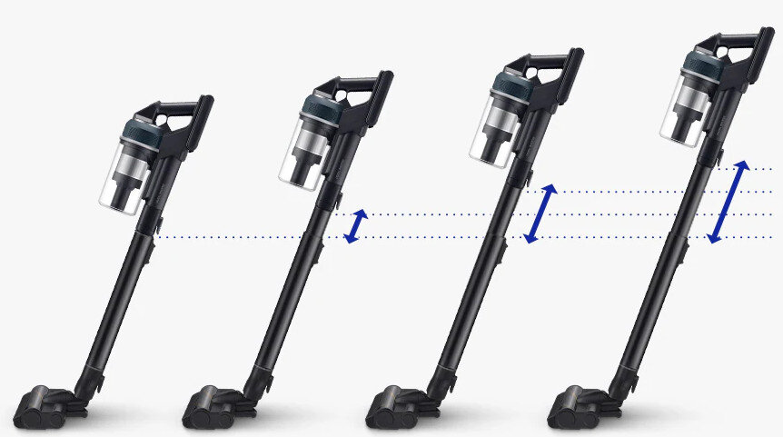 Cztery odkurzacze bezprzewodowe w różnych pozycjach, podkreślających regulację.