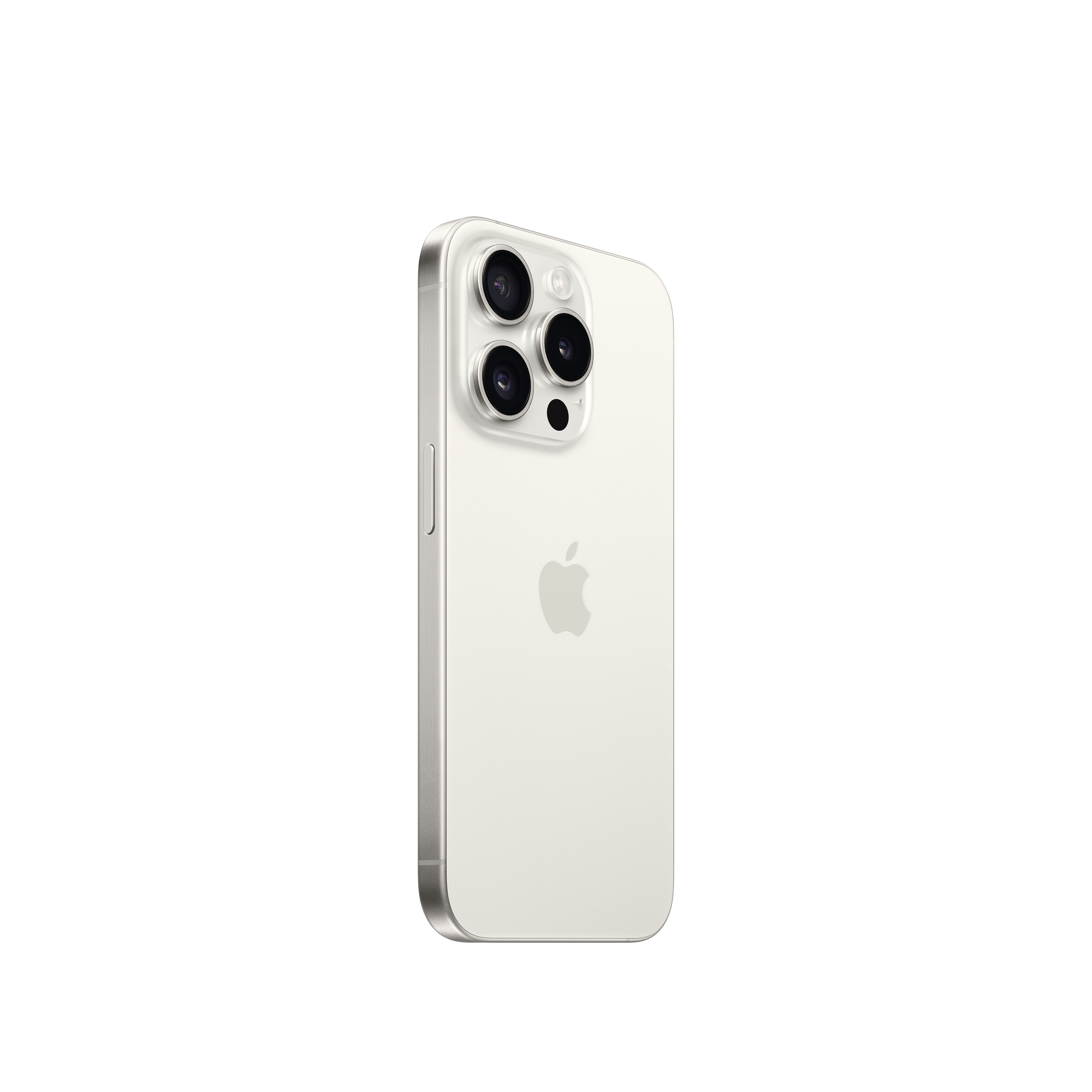 Un iPhone 15 Pro plateado, vista trasera, con cámara de triple lente y logotipo de Apple. Fondo blanco.