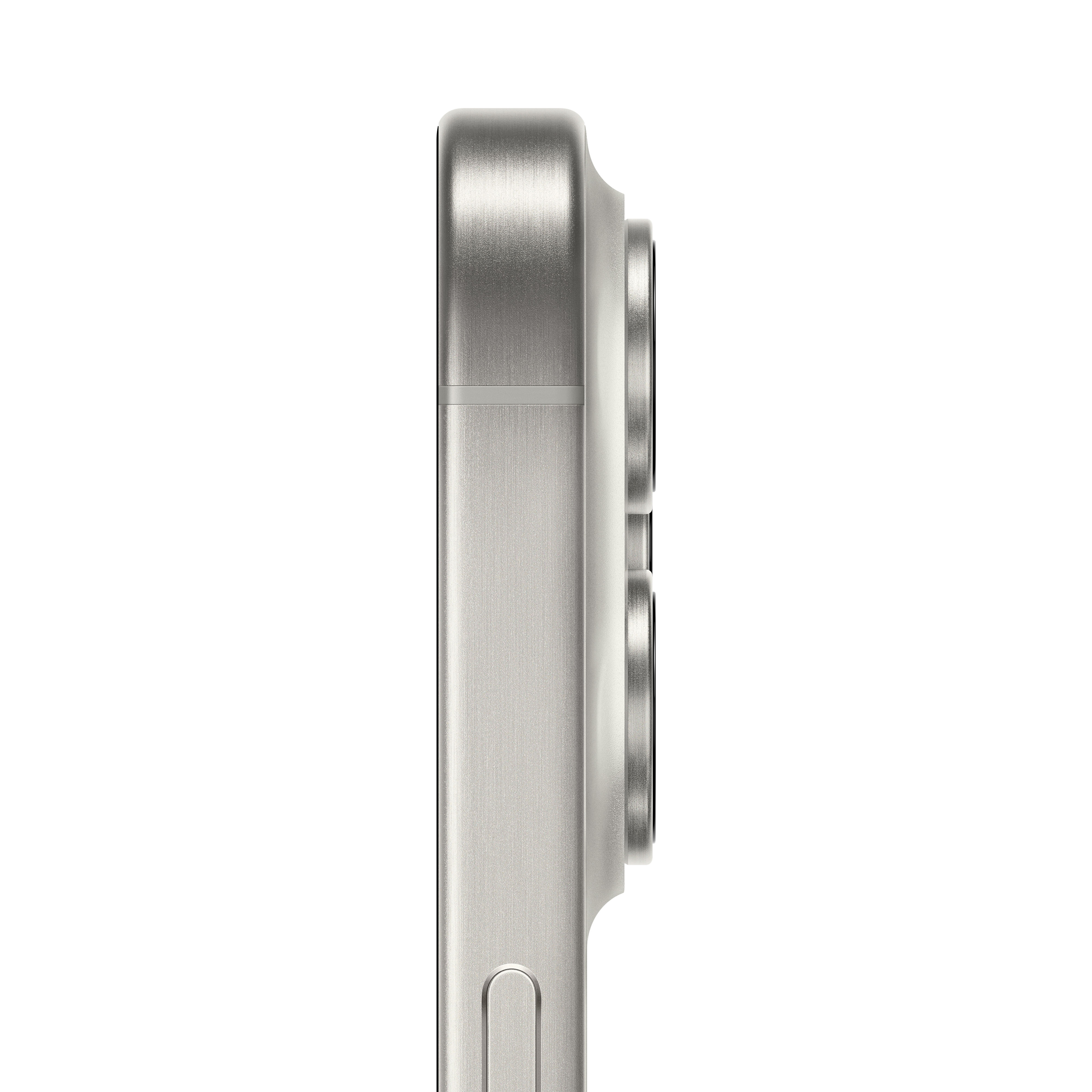 Vista lateral de un iPhone plateado, mostrando la protuberancia de la cámara. Diseño elegante.