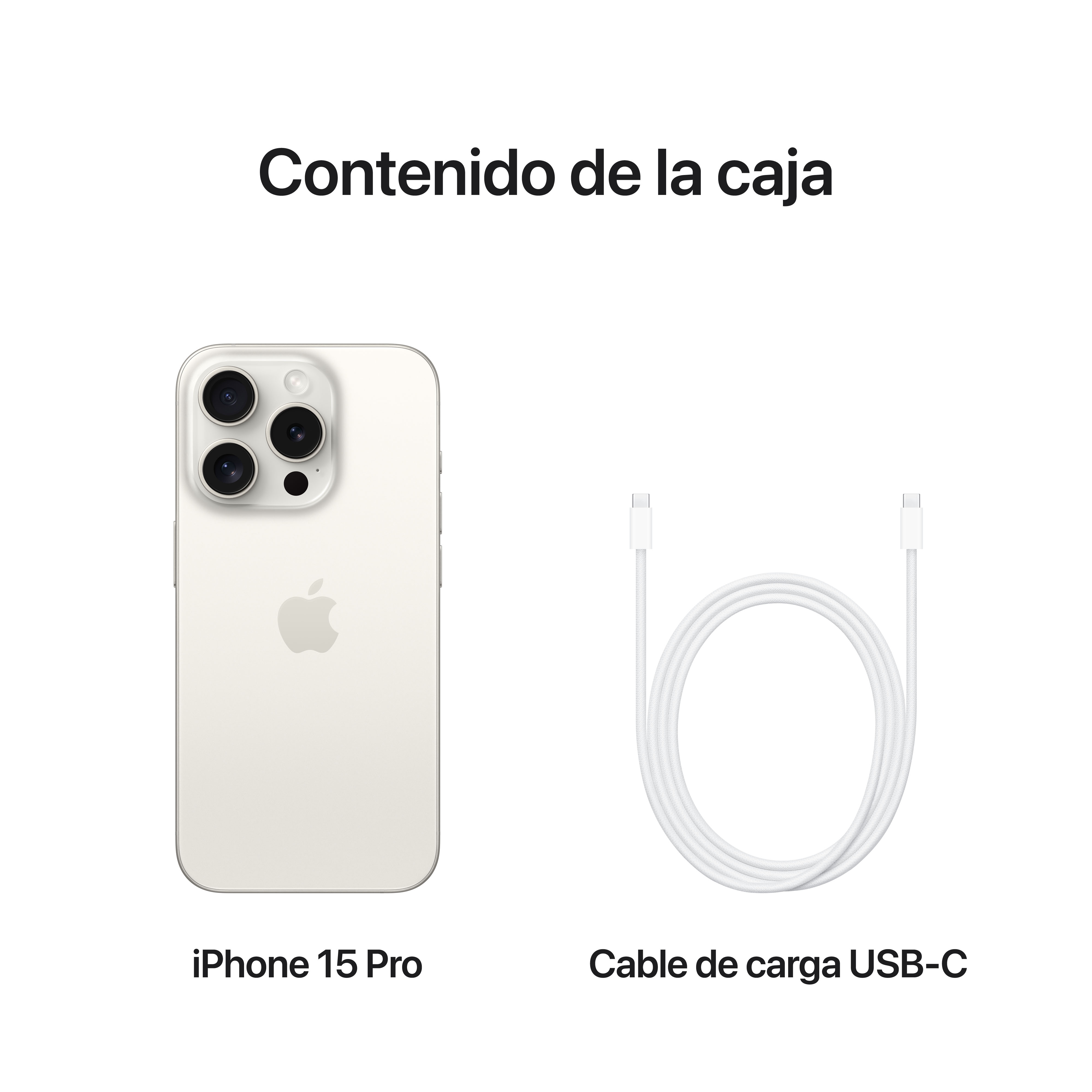 Un iPhone 15 Pro blanco y un cable de carga USB-C sobre fondo blanco.